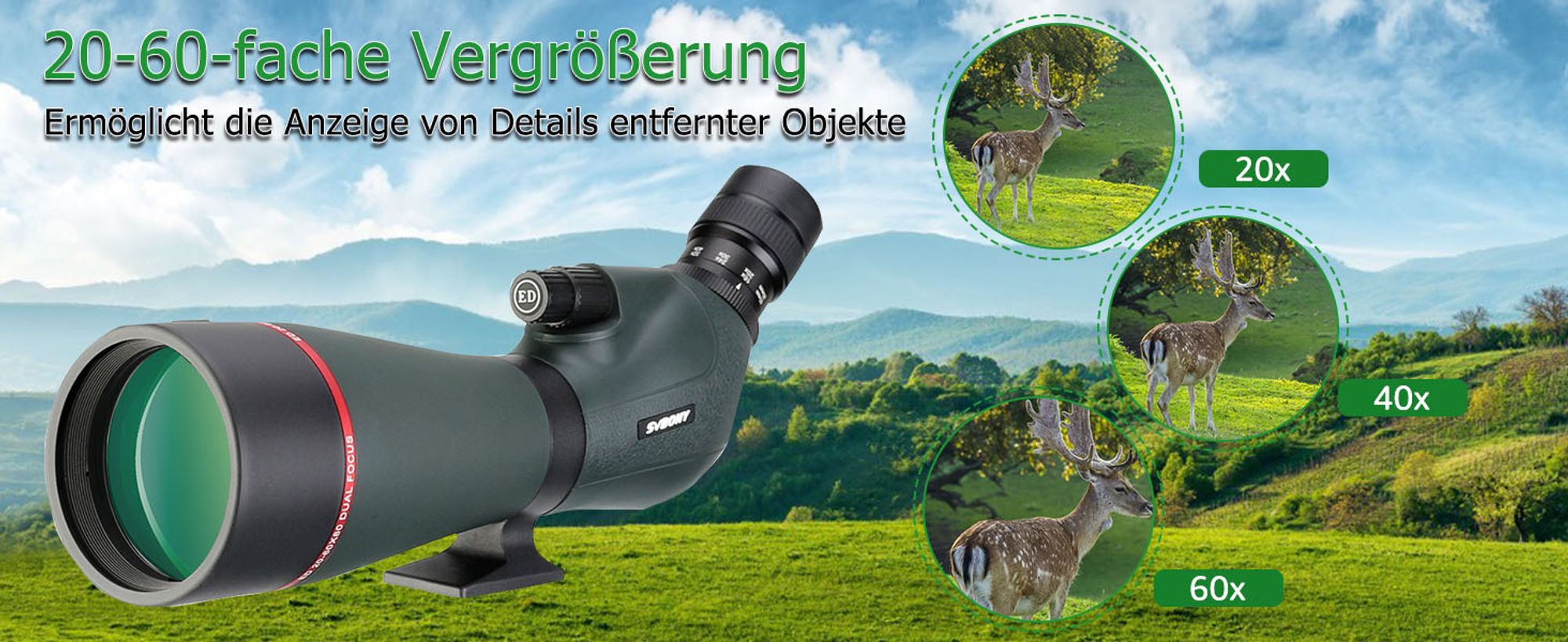 Svbony SV406P ED Spektiv 20-60x80, Doppelter Fokus Spektive, Austauschbares Astronomie-Okular, Wasserdichtes Bak4 Prisma Monokular Fernrohr
