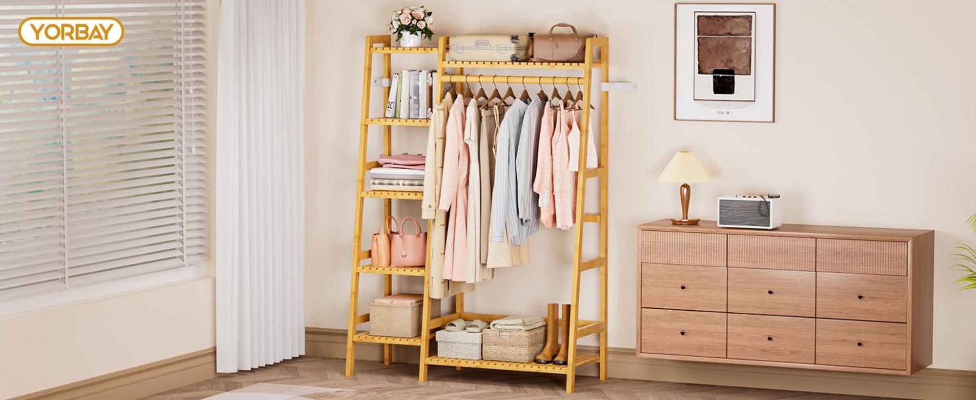 Yorbay Kleiderständer aus Bambus, Multifunktionale Garderobenständer 103x40x145 cm,7 Ablagefächer Garderobe für Flur, Schlafzimmer & Büro