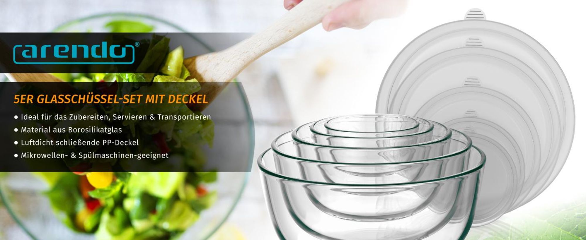 Arendo Salatschüssel mit Deckel, Set, 5x Glasschüsseln 1L, 1,5L, 2L, 2,7L & 4,4L, Glas Rührschüssel, Glas, (5er Set, 3-tlg), Glasschale, BPA-frei, spülmaschinengeeignet & mikrowellengeeignet