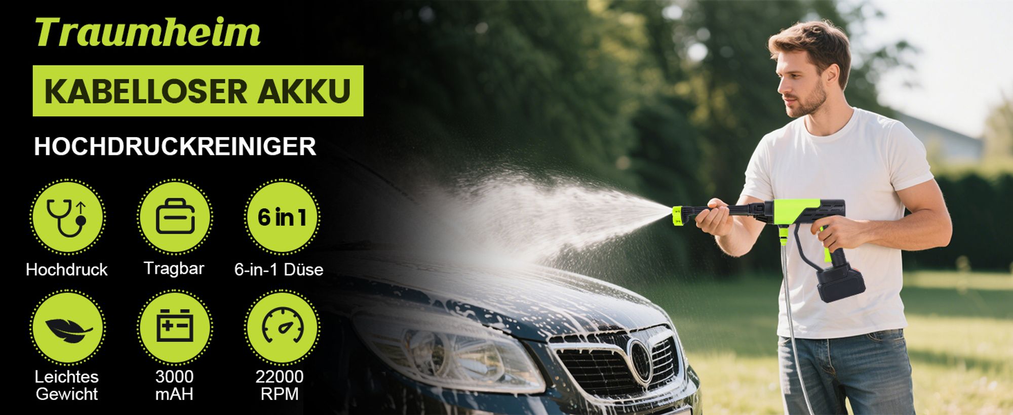 Akku Hochdruckreiniger, Tragbarer Hochdruckreiniger mit 2x 1500mAh Akkius, 6-in-1 Düse & 5M Schlauch für Auto, Terrasse, Garten, Zaun, Pool