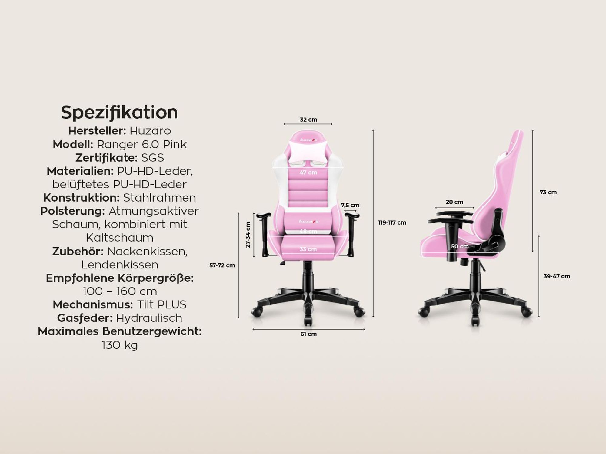 Huzaro Kinder Schreibtischstuhl Ranger 6.0 Gaming Stuhl Racing Sessel Bürostuhl Drehstuhl Gamer bis 130 kg Rosa
