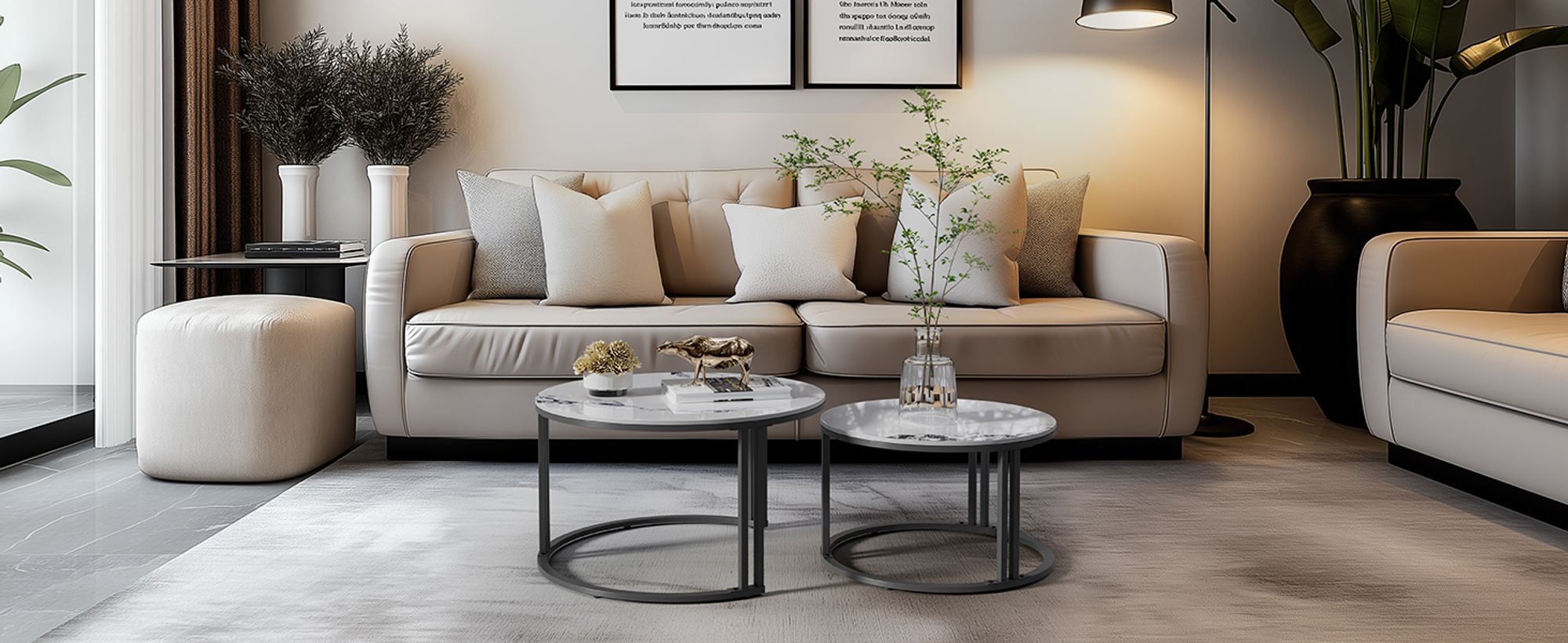 WISFOR 2er Set Couchtisch mit Aluminiumgestell, Satztisch Marmor Optik, Runder Kaffeetisch Wohnzimmertisch Sofatisch, Jadeweiß
