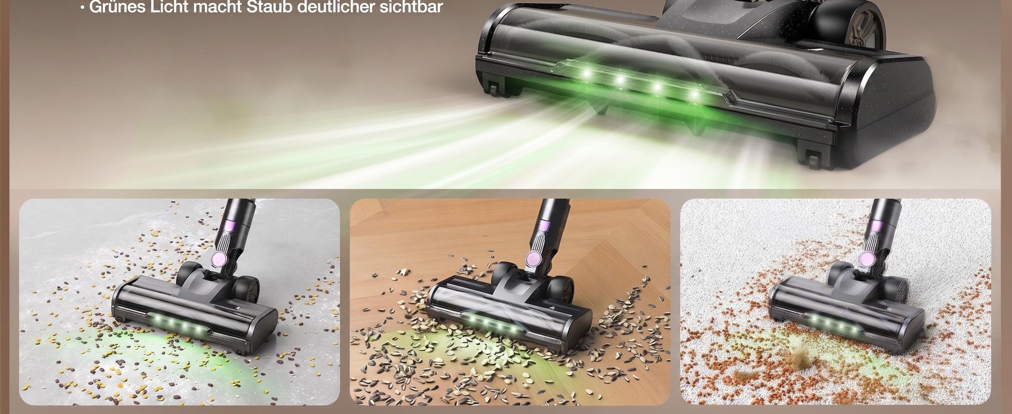 Lubluelu Akku-Staubsauger 75000 Pa, Anti-Haar-Verwicklungsbiürste, Grüne Beleuchtung, Freistehend, Für Tierhaare, Teppiche & Hartböden, P2 Lila
