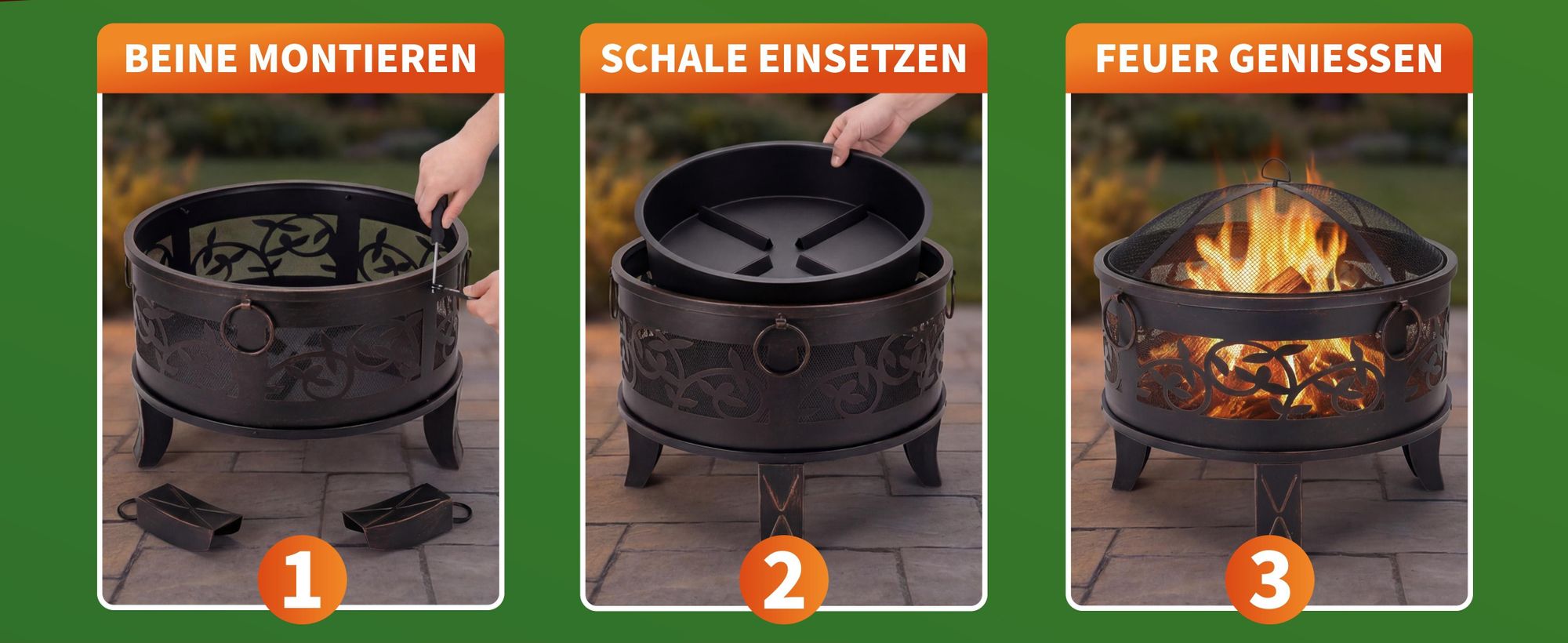 GARDEBRUK® Feuerschale mit Funkenschutz Rund Ø66cm Schürhaken Abdeckung Schwarz Modern Terrasse Garten Feuerstelle Feuerkorb Kamin Ofen Holz Grill