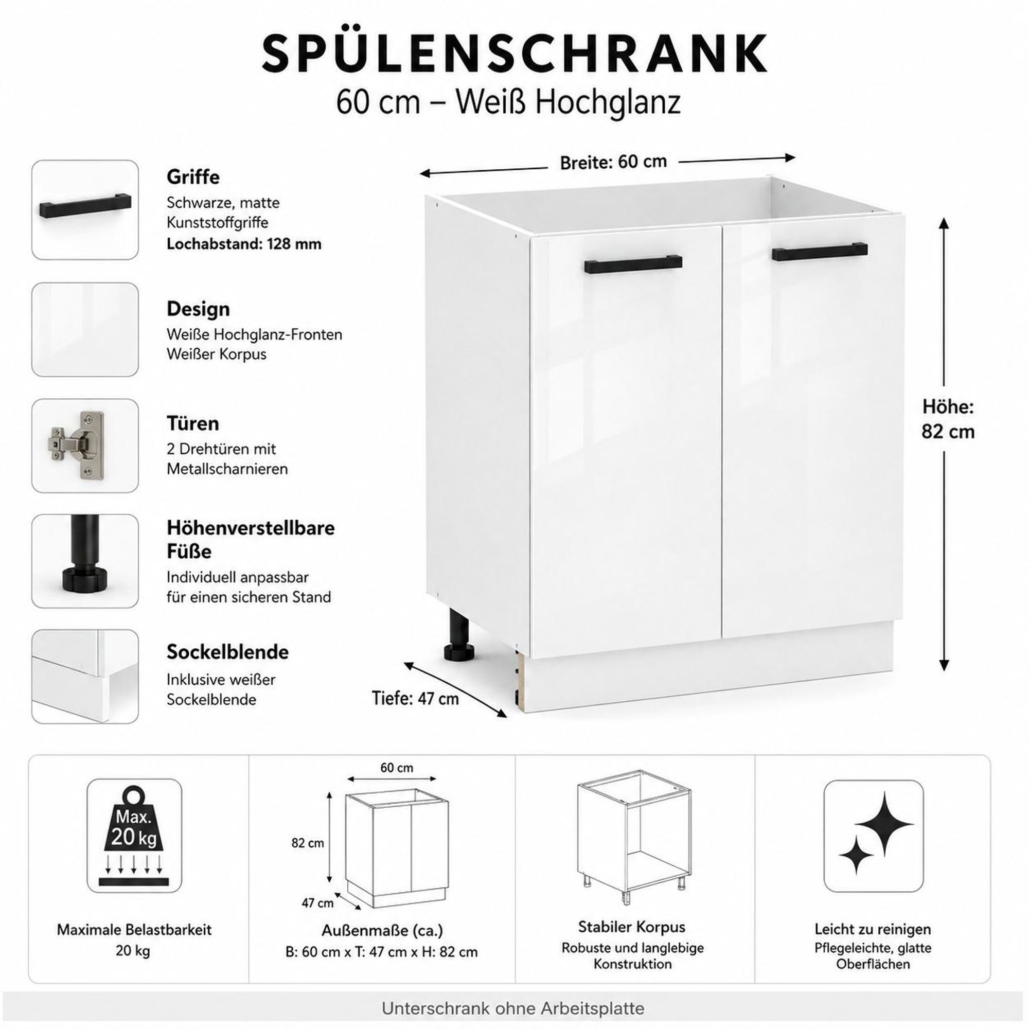 Spülenunterschrank 60 cm Weiß Hochglanz: Details zu Front, Griffe & Lieferumfang.