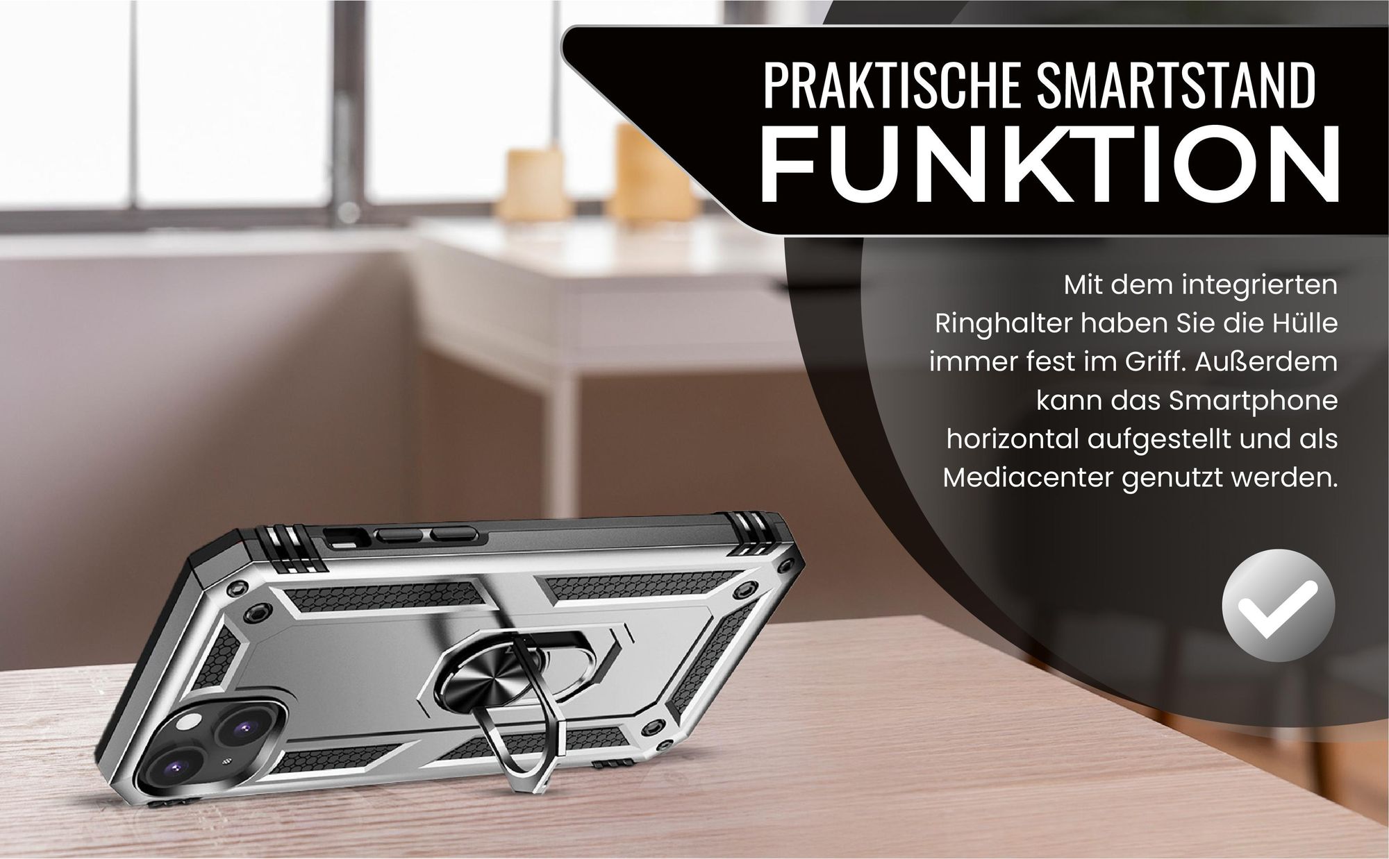 Silbernes Survival Case für Apple iPhone 15 mit Standfunktion