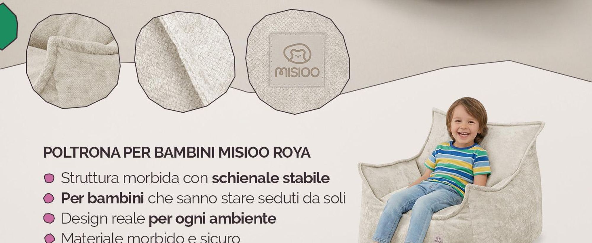 Poltrona per bambini MISIOO Roya Chenille – Poltrona per la cameretta dei bambini, morbido pouf per bambini, divano a sacco da pavimento, cernila di alta qualità, 80x73x58 cm
