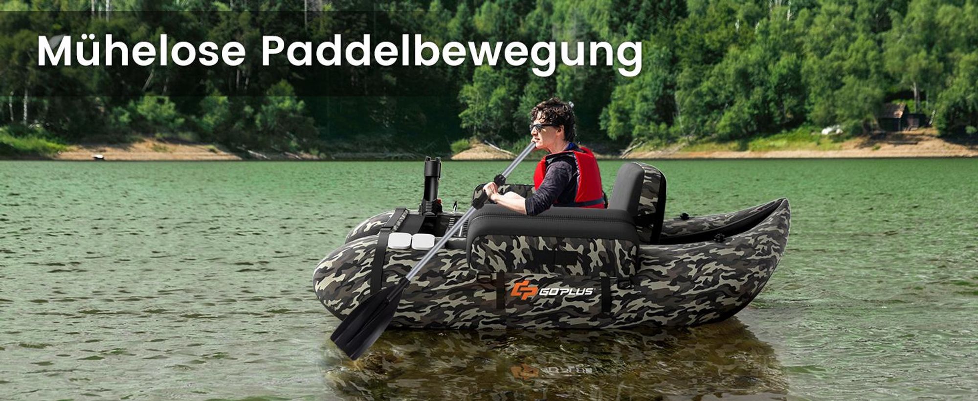 GOPLUS Bellyboot, Belly Boat bis 150 kg belastbar, aufblasbares Schlauchboot zum Angeln mit Alu Paddel, Pumpe,135 x 109 x 54 cm, Beige+Schwarz