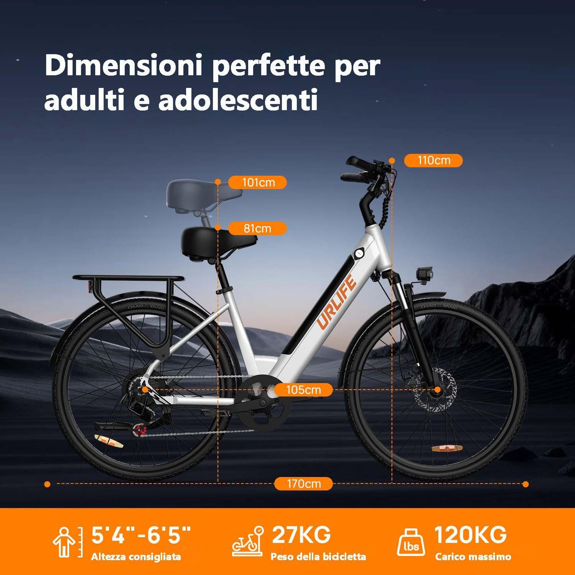 Bicicletta ElettricaURLIFE E26 - Motore 250W Batteria 48V10.4Ah Pneumatici 26 pollici Freni a disco - Bianco