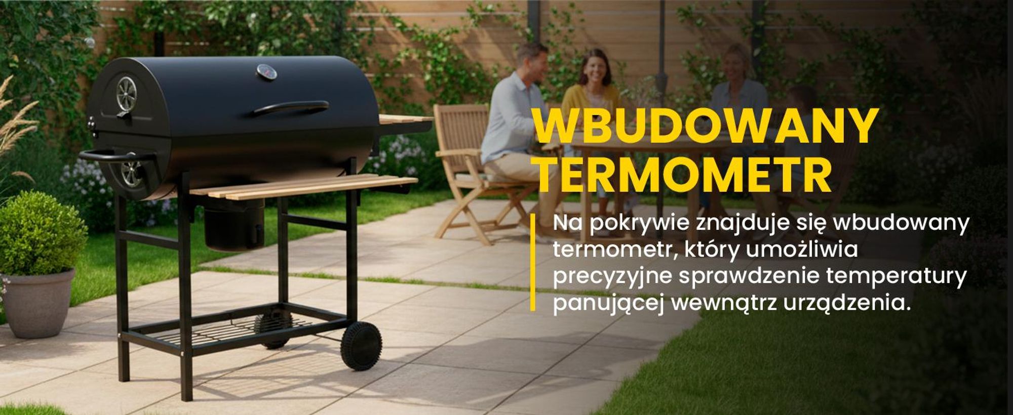 Duży grill węglowy w kształcie beczki na kółkach z pokrywą