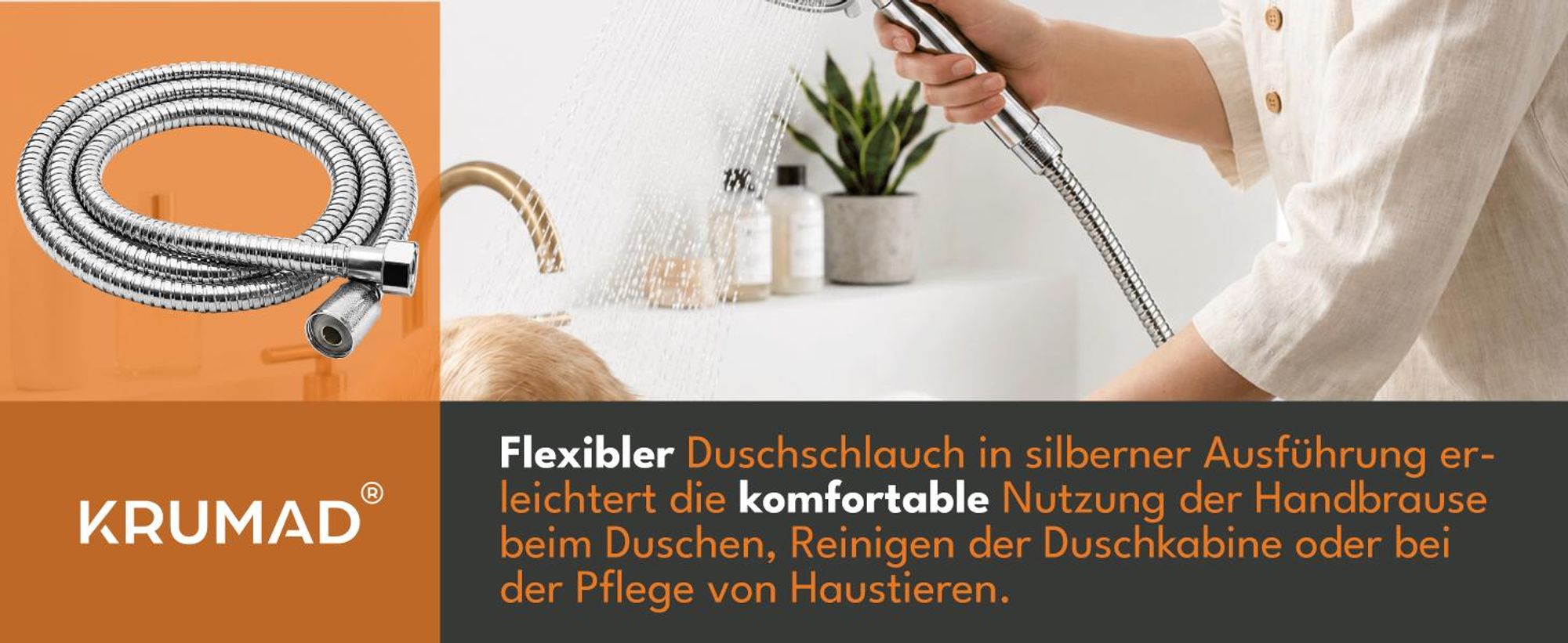 KRUMAD Duschschlauch 1,5 m Edelstahl, Brauseschlauch flexibel, Handbrausenschlauch, Verlängerung für Dusche, leichter Ersatzschlauch Badezimmer