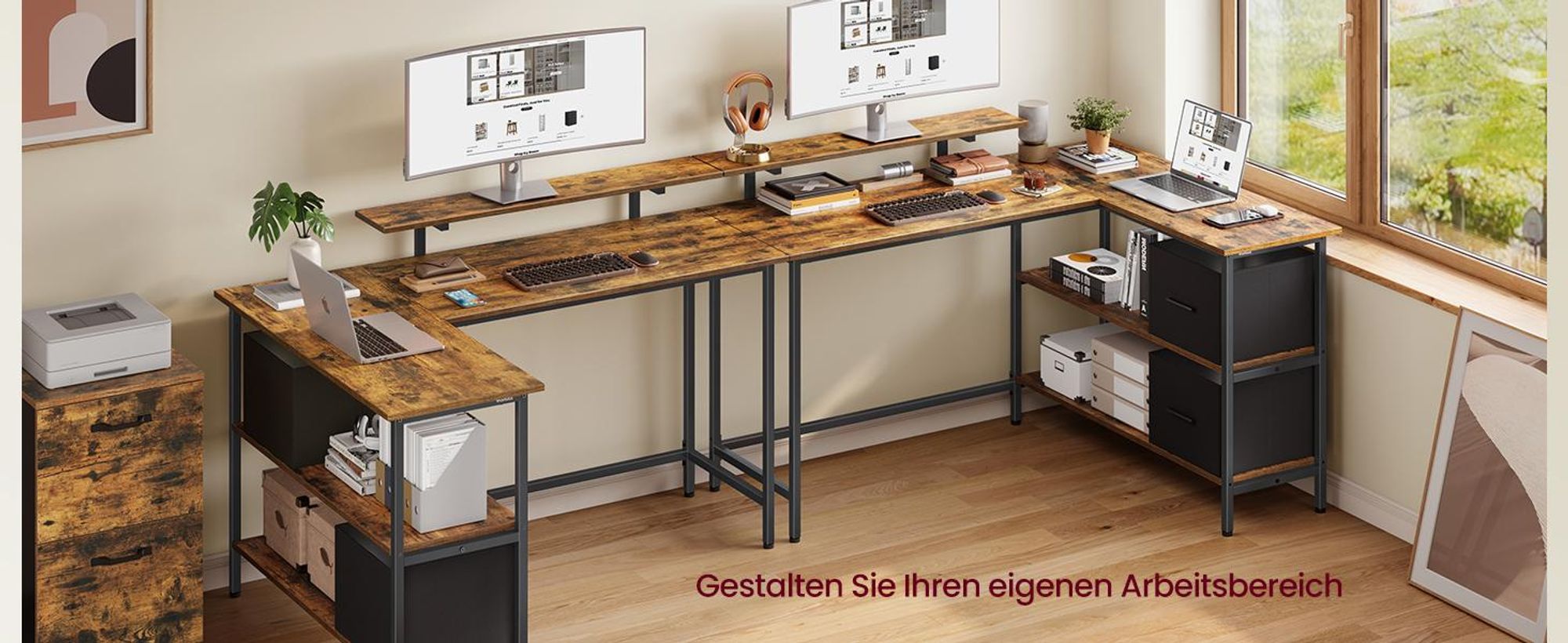 VASAGLE L-förmige Schreibtisch Eckschreibtisch Computertisch mit Schubladen Vintage