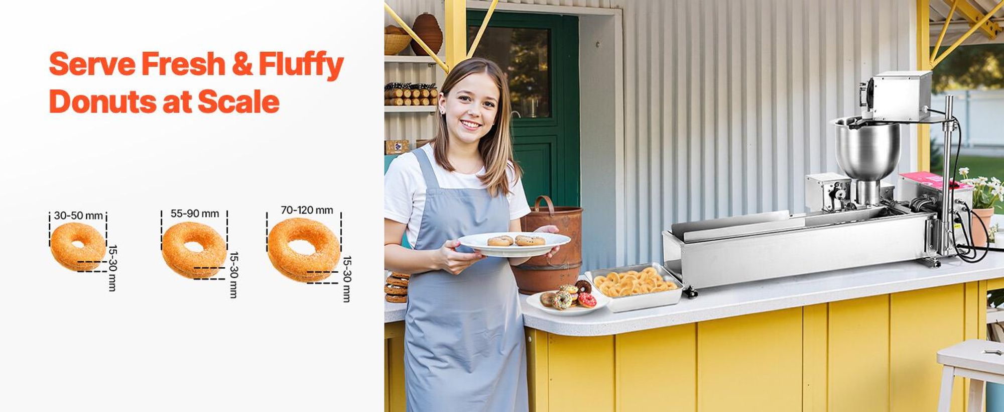 VEVOR kommerzielle automatische Donut Maschine Maker, einreihige Herstellungsausrüstung aus Edelstahl (90 Stk./h) elektrische Donut-Fritteuse mit 3 Formengrößen für Bäckereien Restaurants Café