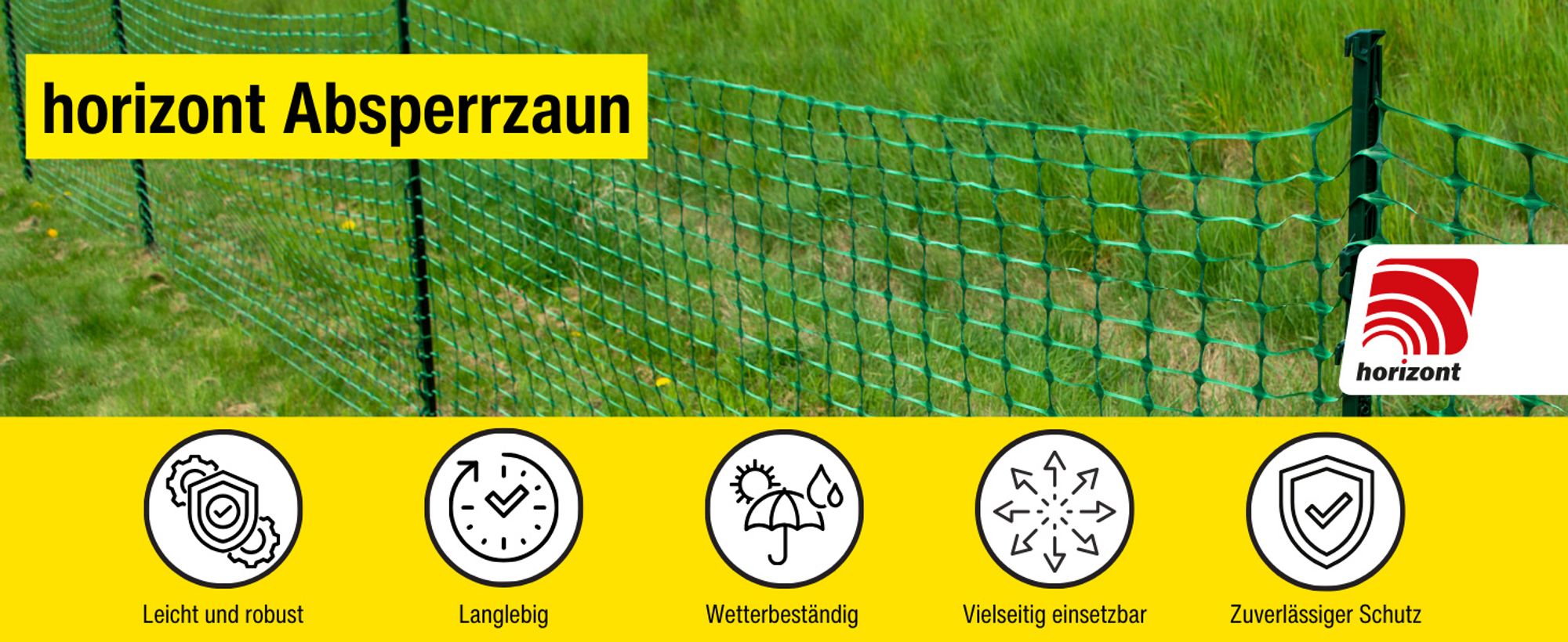 horizont Kunststoffzaun 50 m x 1 m - grün  – Absperrzaun aus HDPE, flexibel für Garten, Camping und Baustellen