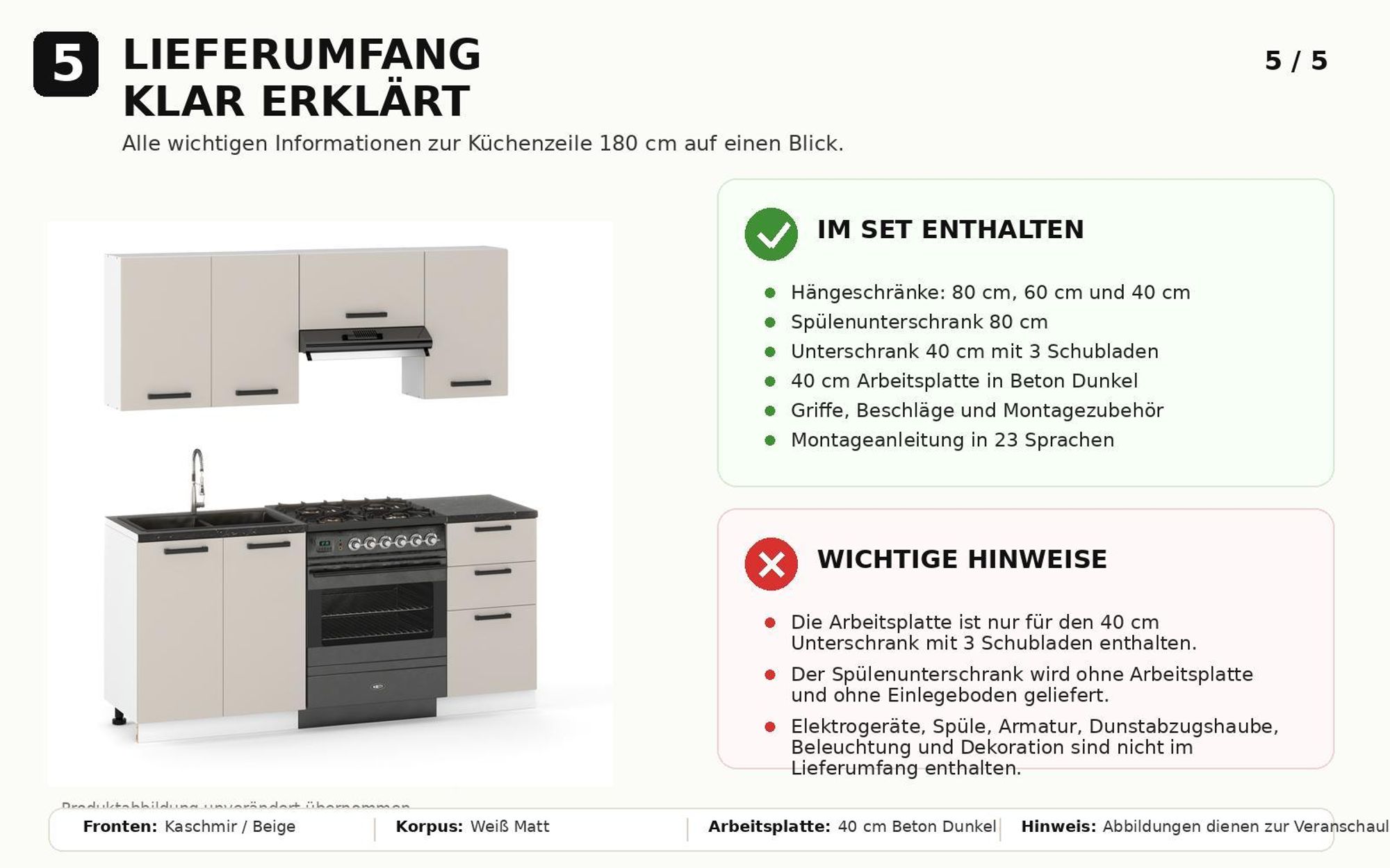 Lieferumfang der 180 cm Küchenzeile in Kaschmir-Beige mit wichtigen Hinweisen.