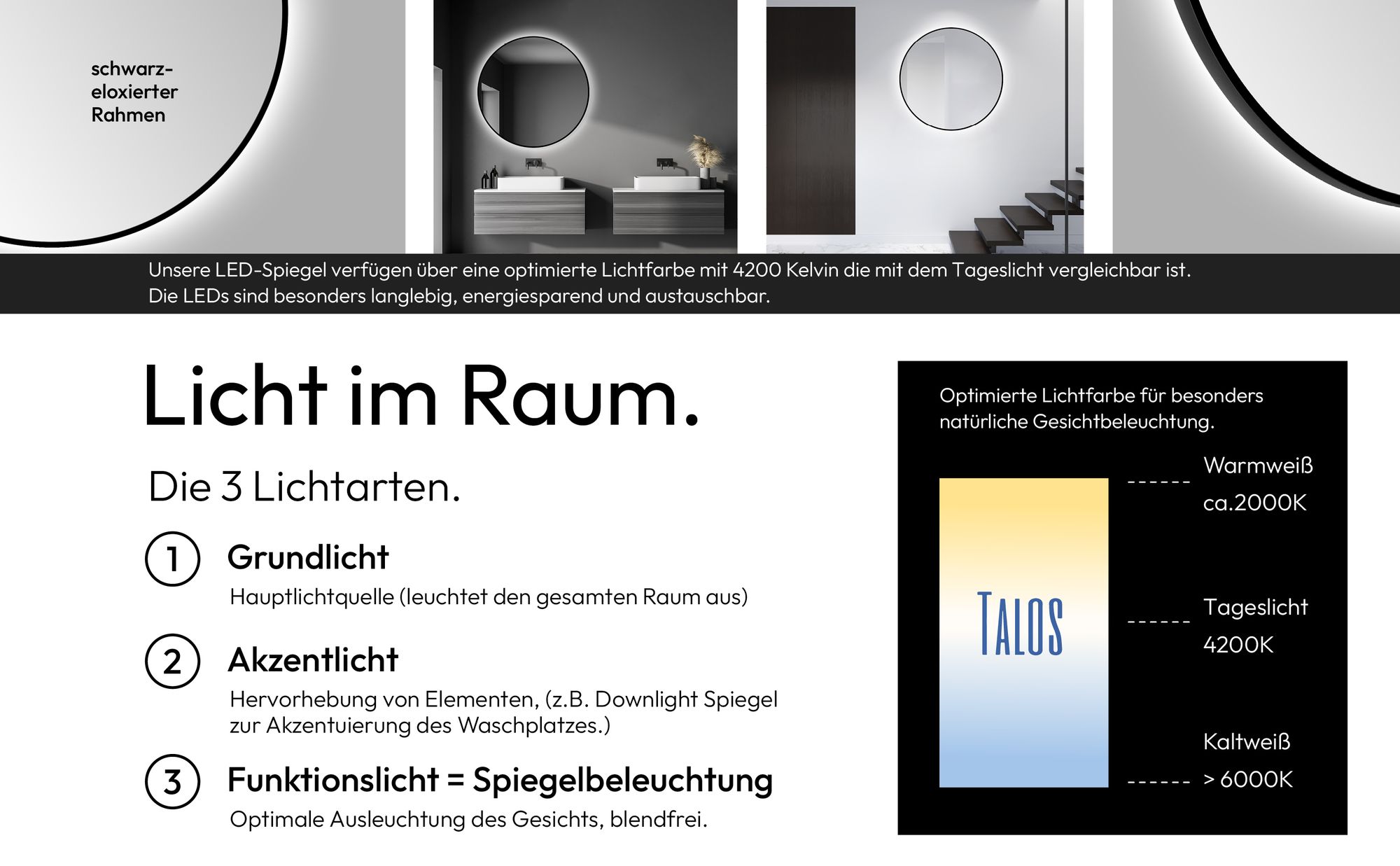 LED Wandspiegel 100 cm, matt schwarz, Alurahmen, Licht neutralweiß, IP24