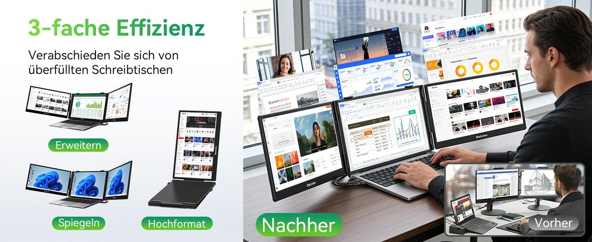 Blackview DCM5 mit Lautsprecher 14" tragbarer monitor, 300 Nits, 100W PD, USB-C HDMI Plug und Play für Laptop/PC/Switch/PS5/MacOS/Windows/Android