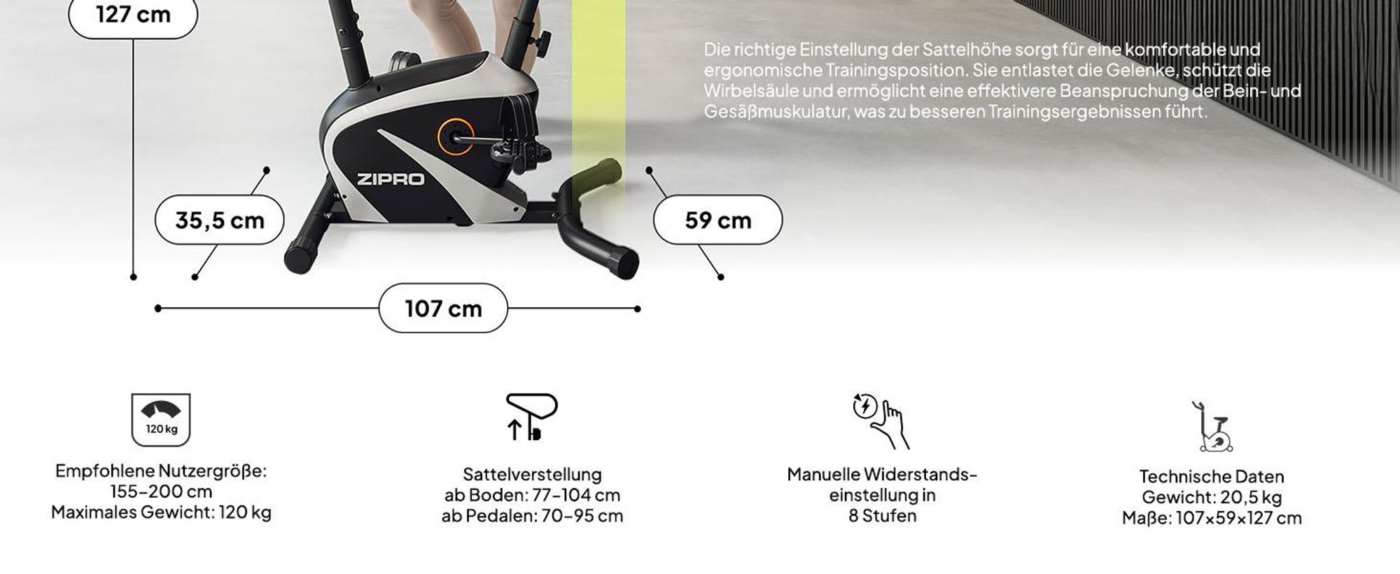 Zipro Heimtrainer Fahrrad Beat RS – Magnetisches Fitnessbike mit 6kg Schwungmasse – Leiser Hometrainer bis 120kg – Pulsmessung, Flaschenhalter