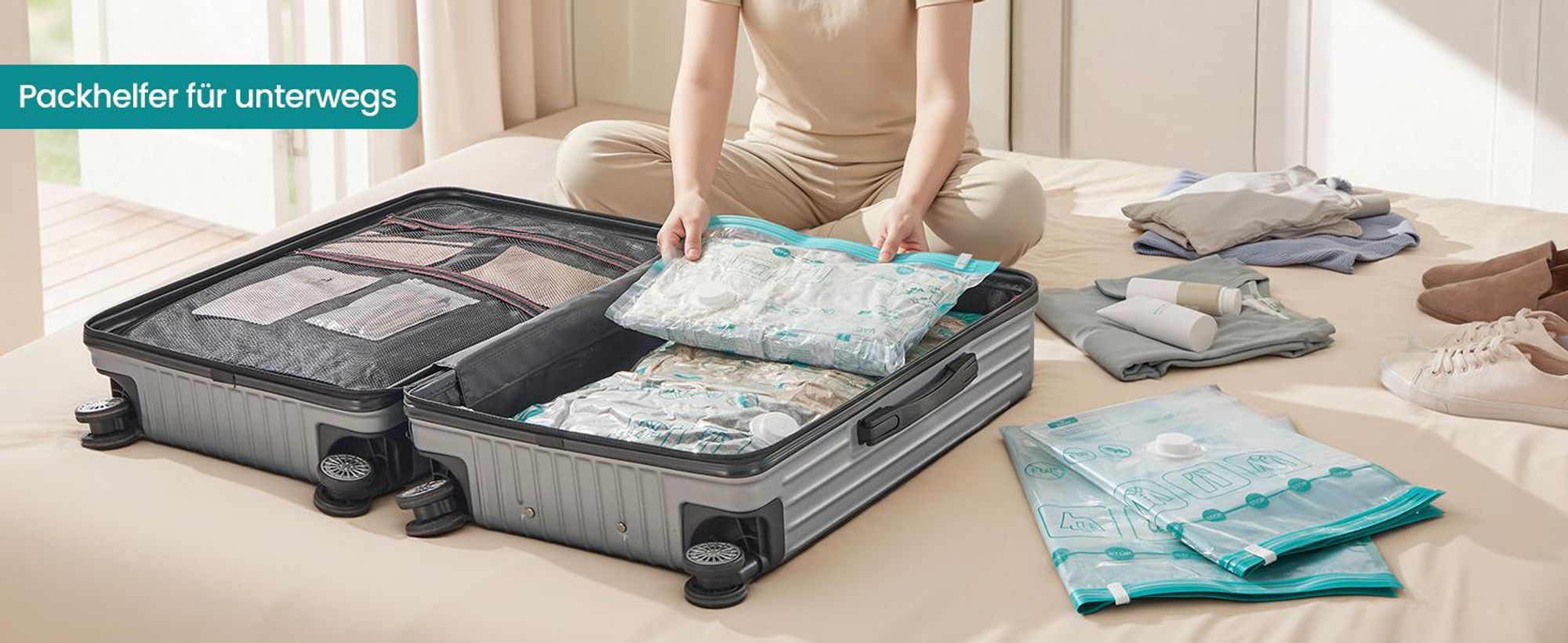 SONGMICS Vakuumbeutel Set, 8 wiederverwendbare Aufbewahrungsbeutel für Kleidung, platzsparend, 2 M/3 L/3 J, transparent