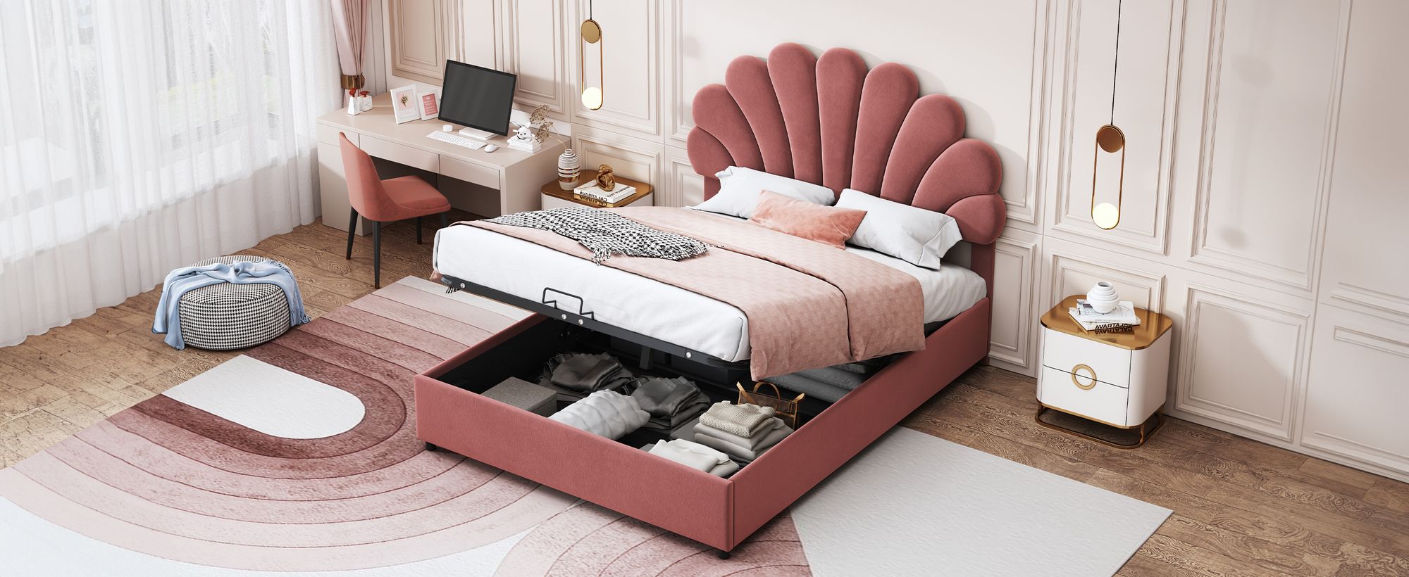 okwish Jugendbett Boxspringbett Polsterbett 140 x 200 cm mit verstellbares Kopfteil in geblümtemform und Lattenrost, Hydraulisches Stauraumbett mit Bettkasten Stauraum(Ohne Matratze)- Rosa