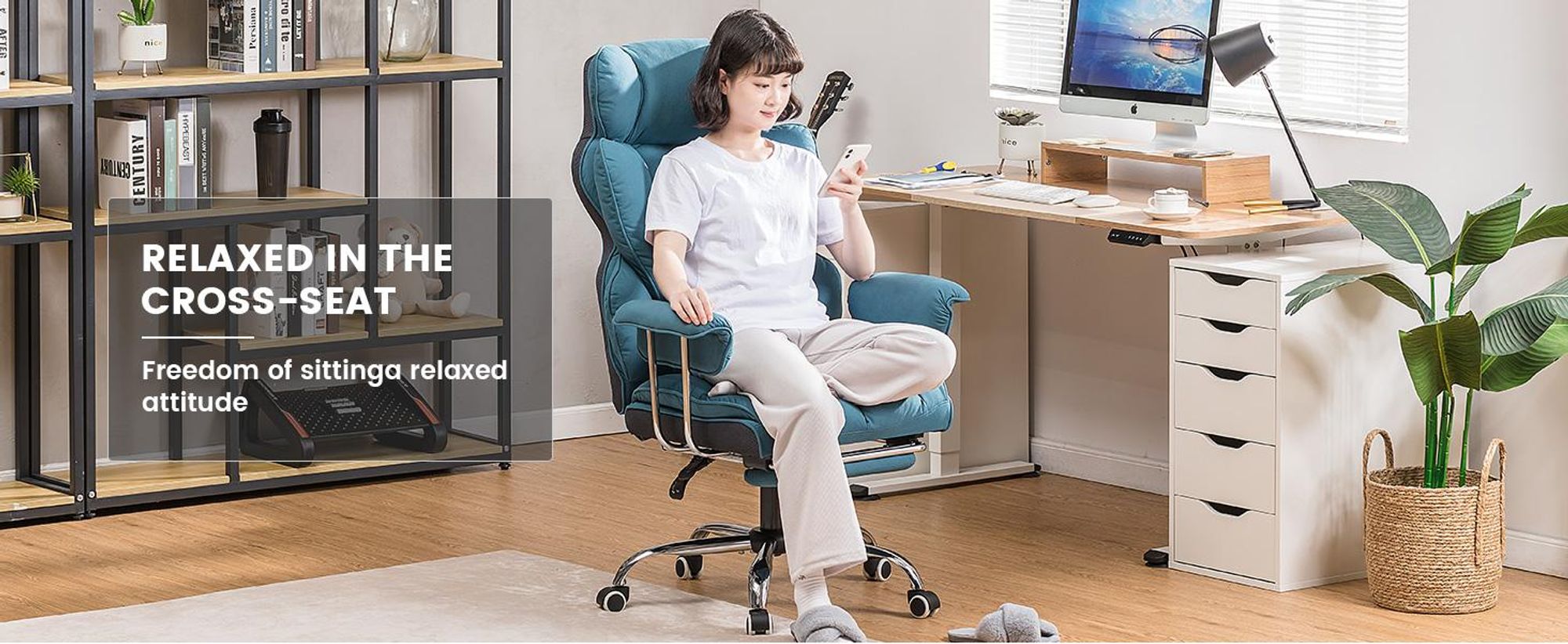 COMHOMA bureaustoel, gaming stoel, ergonomische bureaustoel met stoffen bekleding en voetsteun, in hoogte verstelbaar, bureaustoel, chefstoel, blauw