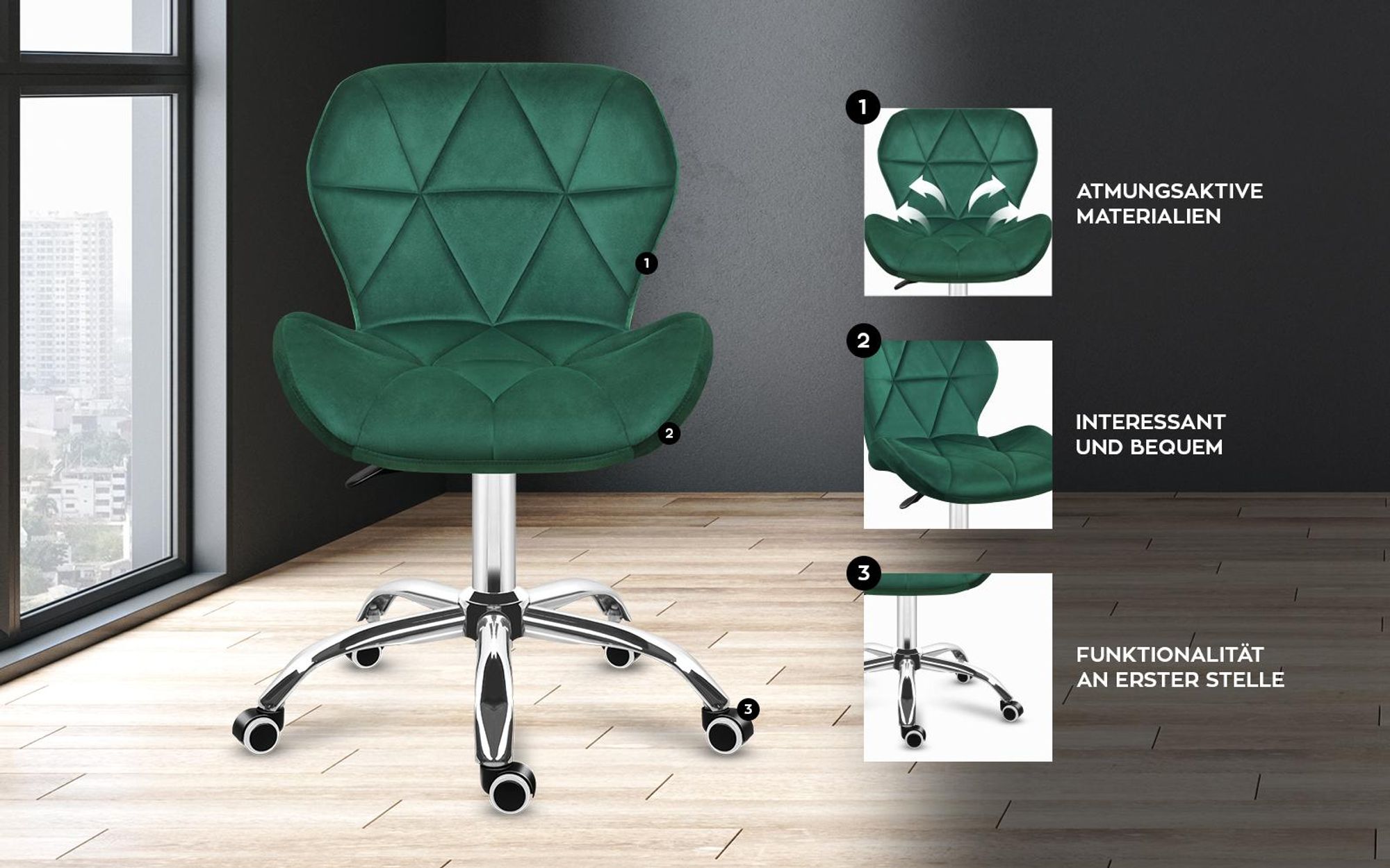 MARK ADLER Future 3.0 | Drehstuhl Bürostuhl Polsterstuhl | Höhenverstellbar bis 130 kg belastbar Samt Velours | Homeoffice Schminktisch | Grün