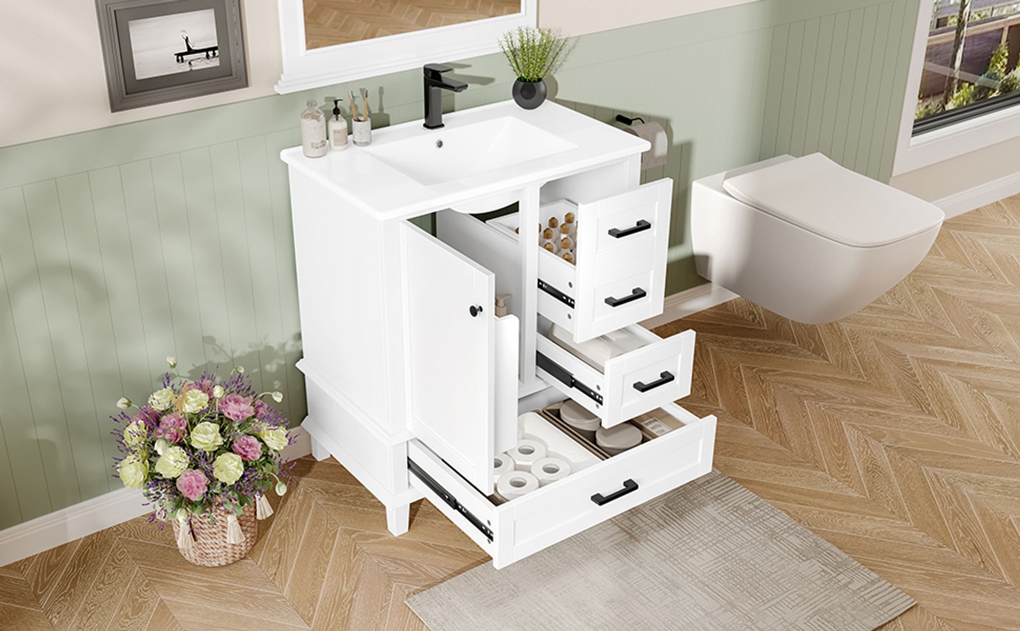 Flieks Badezimmerschrank mit Waschbecken aus Keramik, Waschbeckenunterschrank mit 3 Schubladen und 1 Tür, 76x46x83.5 cm, weiß
