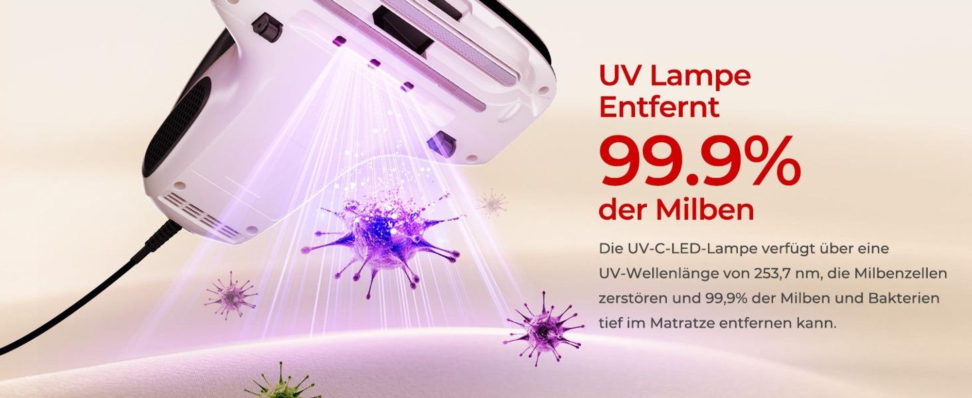 JIGOO S100 Matratzenstaubsauger: 350W, 12kPa, 80k/min Klopfen, UV-C 253.7nm, 55°C Heißluft, 99,9% Milbenentfernung