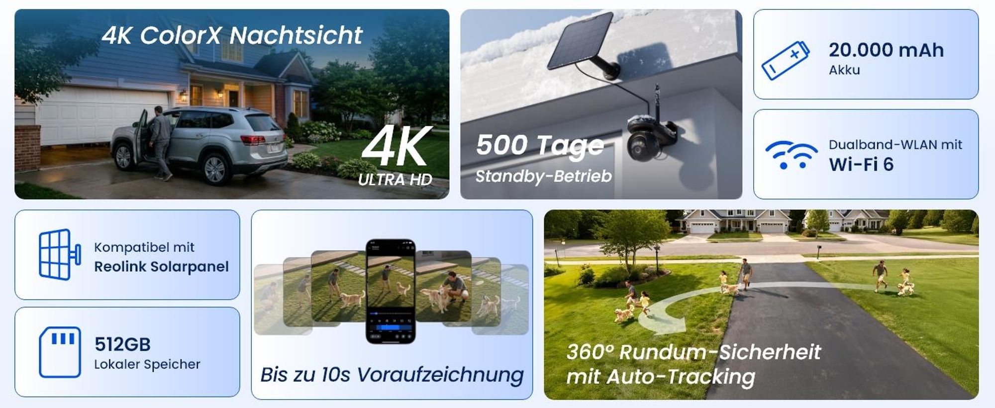 Reolink Altas PT Ultra+Solarpanel, 4K 8MP WiFi 6 Akku Überwachungskamera, 360° PT Auto-Tracking, ColorX Nachricht, 10s Voraufzeichnung, Schwarz