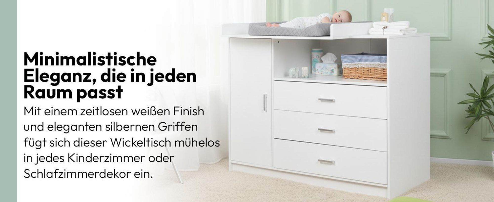 Wickelkommode Wickeltisch Baby Kommode aus Holz mit Wickelaufsatz, 3 Schubladen, 1 Tür, 100 cm Höhe in Weiß, Wickeltisch 113 x 100 cm
