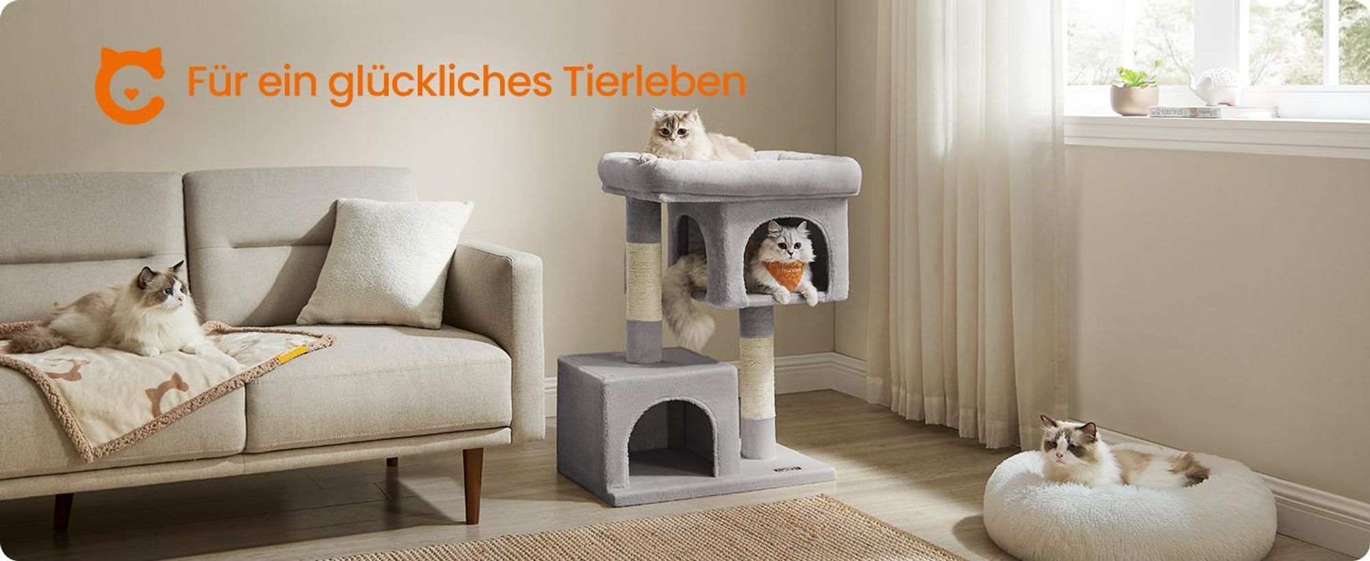 FEANDREA Kratzbaum, L Katzenbaum, mit 2 Häuschen, 80 cm, kompakt, hellgrau