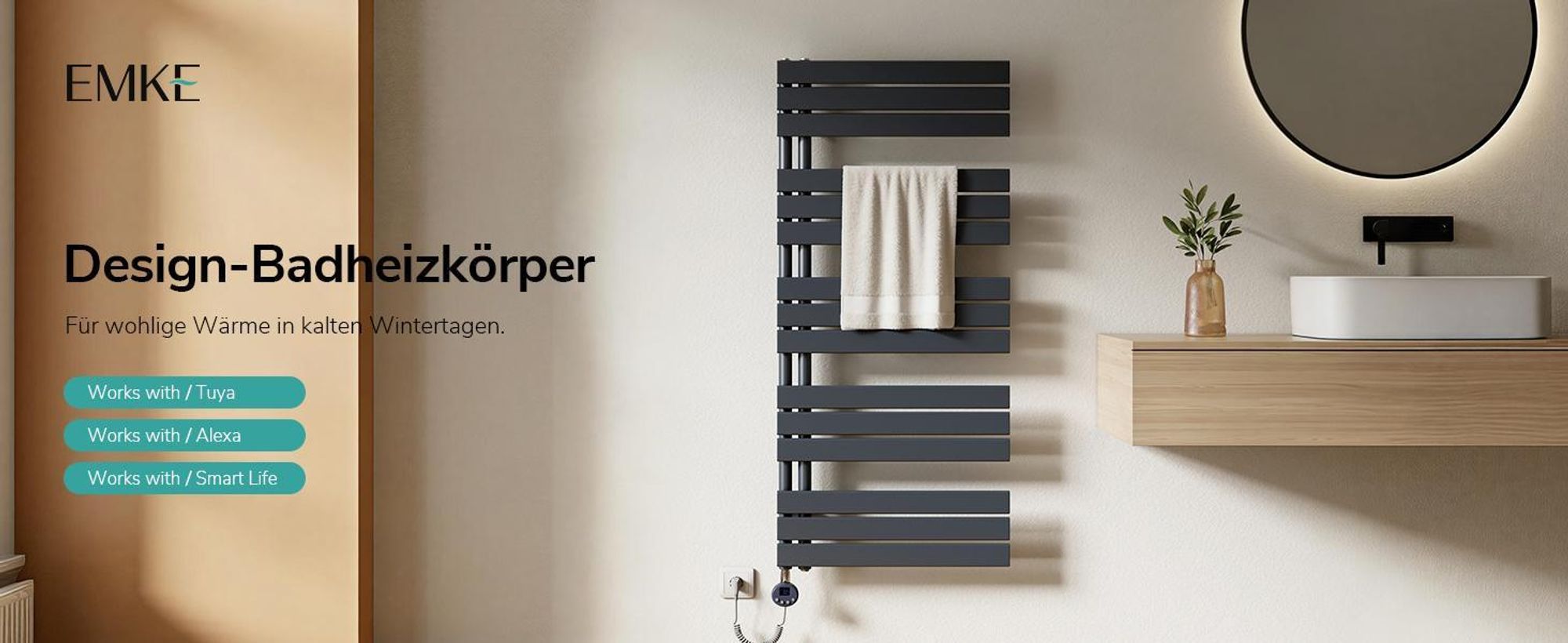 EMKE Badheizkörper Elektrisch mit Wifi App Steurung Thermostat Handtuchwärmer 1320 x 500mm Anthrazit Handtuchhalter 800W Handtuchtrockner