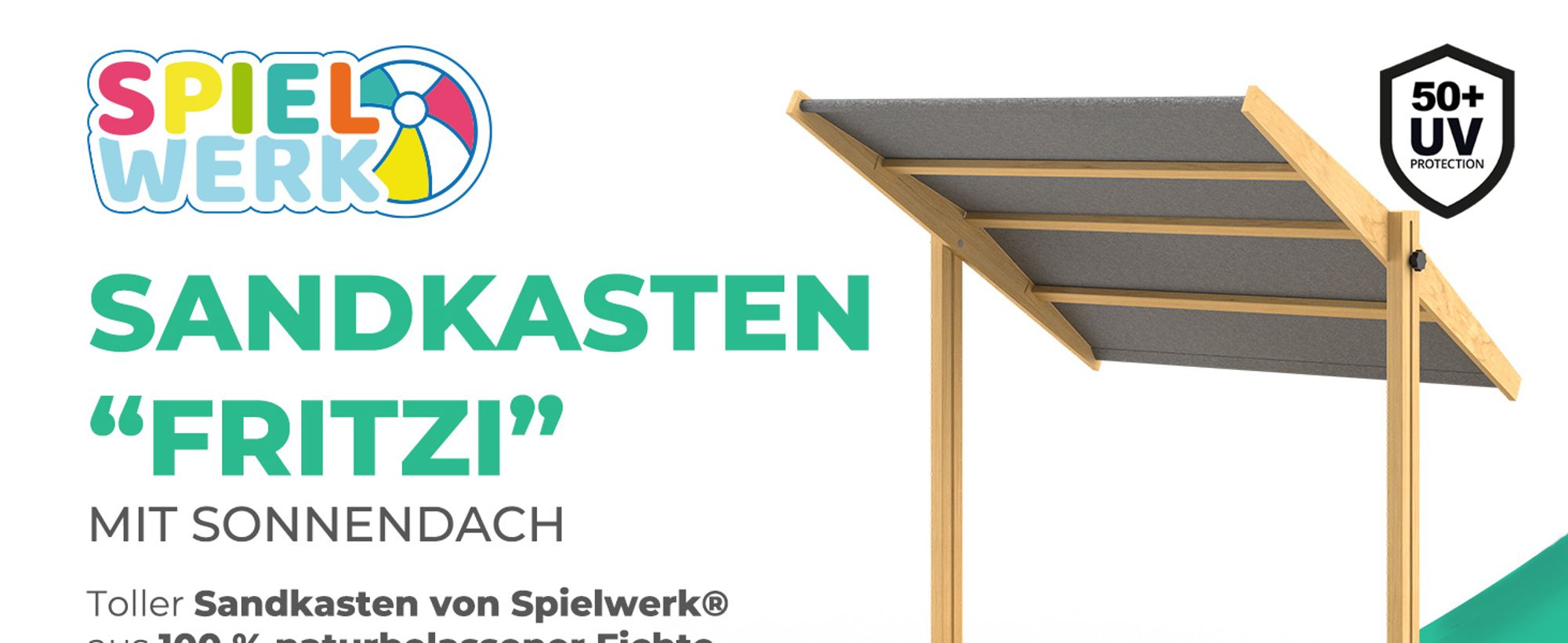 SPIELWERK® Sandkasten Fritzi Sonnendach 140x140x120cm Naturholz Fichtenholz UV-Schutz Sandbox UV50+ Kantenschutz Bodenvlies Sandspielzeug Kinder