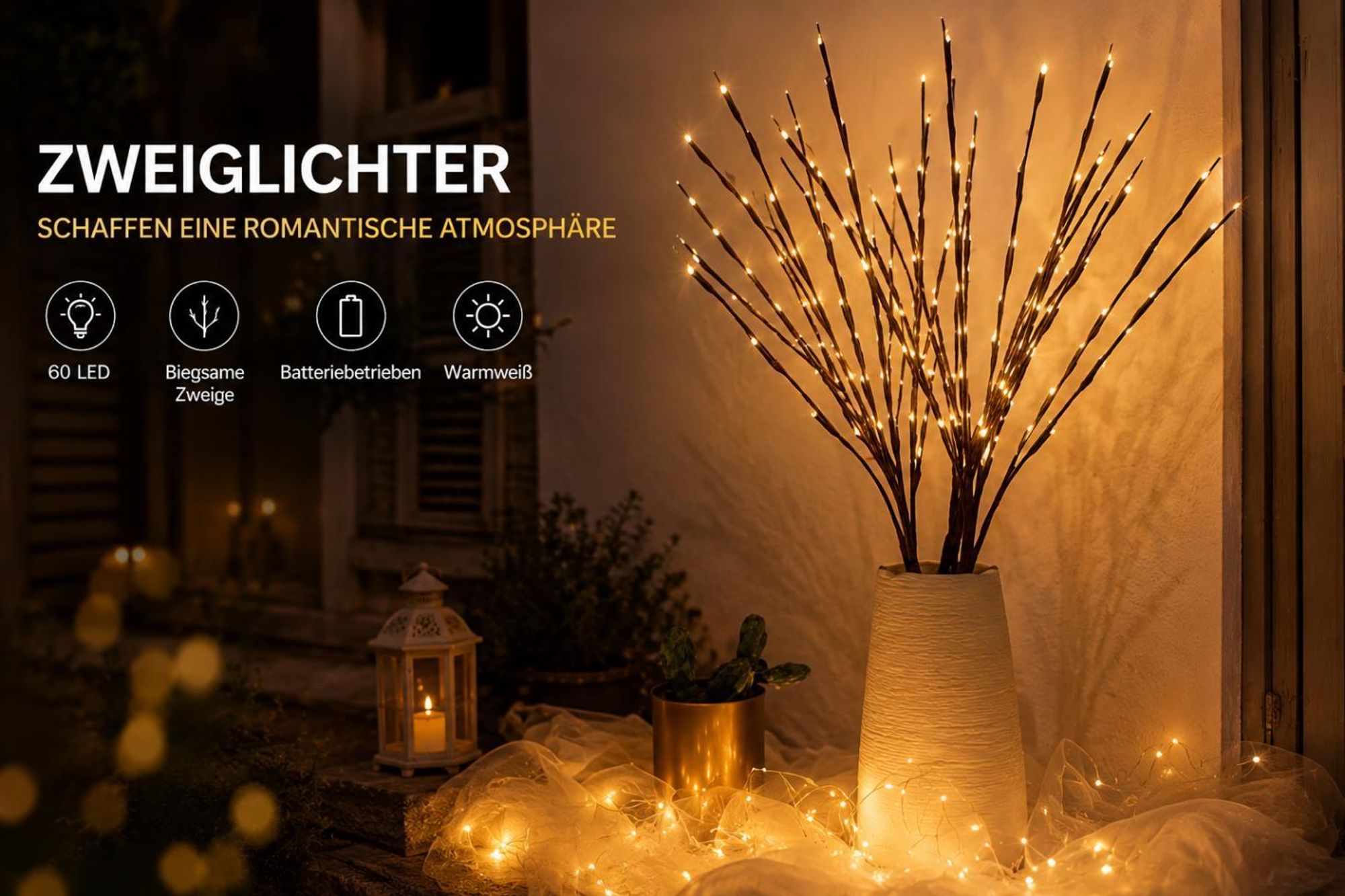 3er Set LED Dekolampe, Lichtzweige Warmweiß, Tischdeko Batteriebetrieben, Dekolicht für Schlafzimmer Wohnzimmer, Party Weihnachten, Vase Lichtdeko