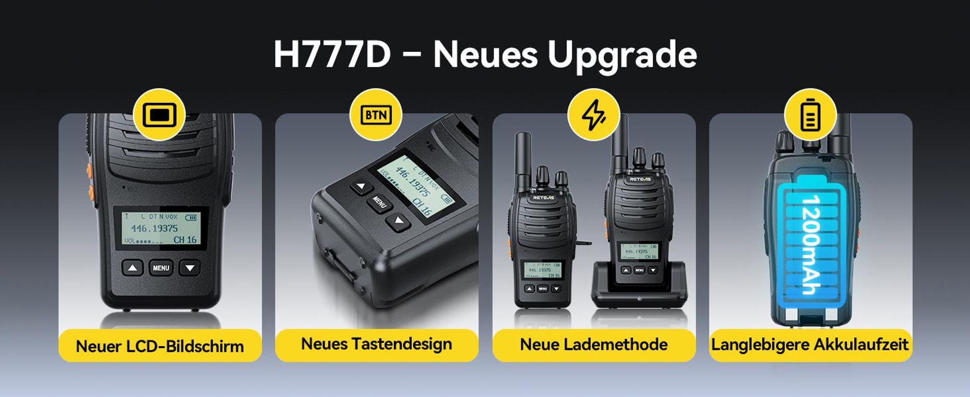 Retevis H777D Funkgeräte mit 6-Wege-Ladegerät, LCD-Bildschirm, Typ-C-Ladeanschluss, 1200 mAh, VOX, Tragbares Walkie Talkie für Geschäfte, Sicherheit