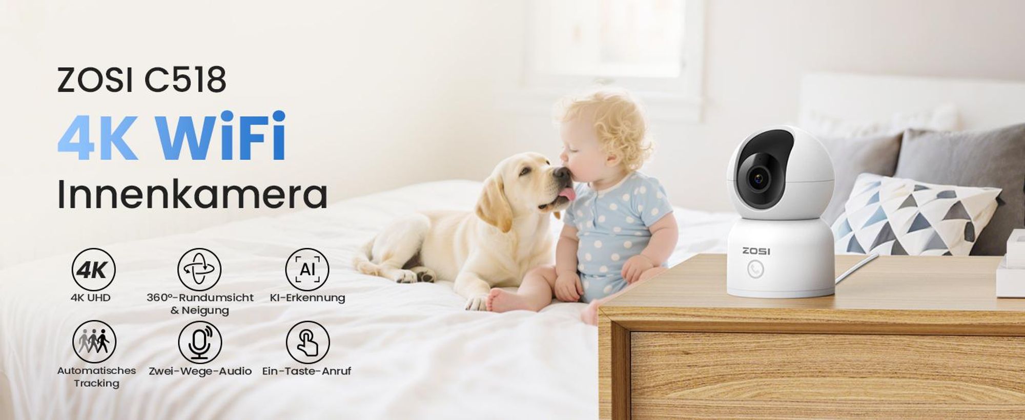 ZOSI 4K PTZ Überwachungskamera Innen WLAN mit 64GB Karte, 2,4/5Ghz WiFi, Personen-/Haustiererkennung & Verfolgung, One-Touch-Call, C518