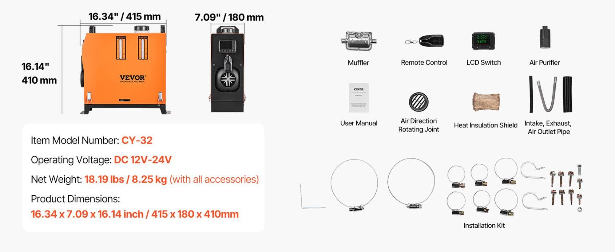 VEVOR 12V 2KW Diesel-Luftheizung Dieselheizung Standheizung Luft-Dieselheizung mit Schalldämpfer, 10L Tank, LCD-Schalter für Autos, Busse, Wohnmobile, Lkw, Baumaschinen, Vertikaler Typ-i, Orange-c