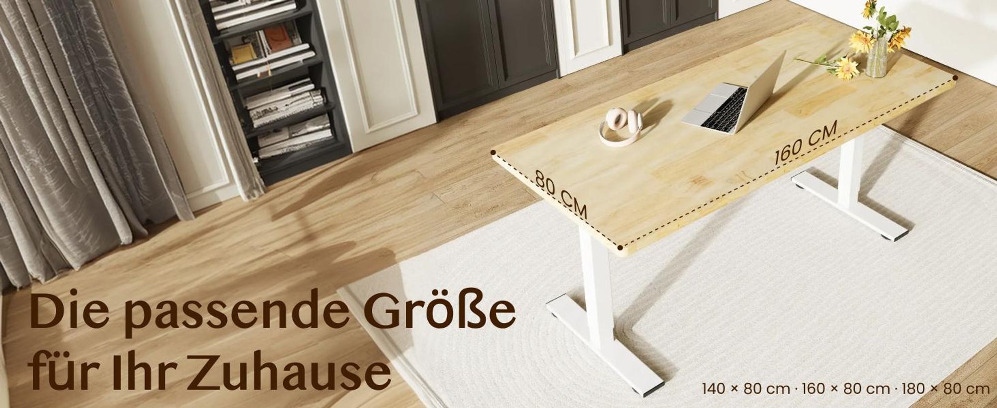 FLEXISPOT Massivholz-Tischplatte aus Gummibaumholz 160x80 cm, 25 mm stark, einteilige Tischplatte mit vorgebohrten Löchern