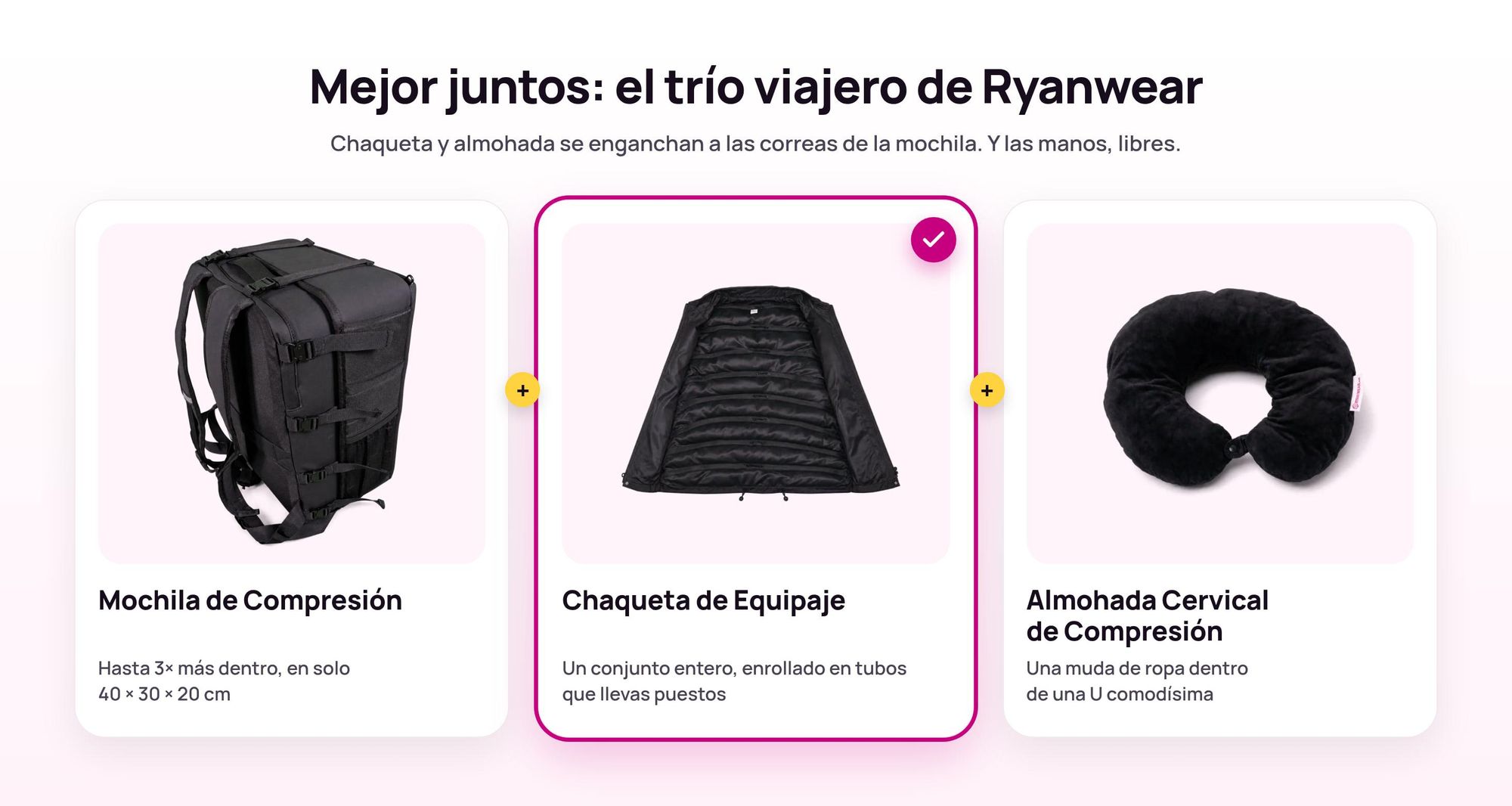 Mochila de Compresión Ryanwear con la Chaqueta de Equipaje y la Almohada Cervical enganchadas