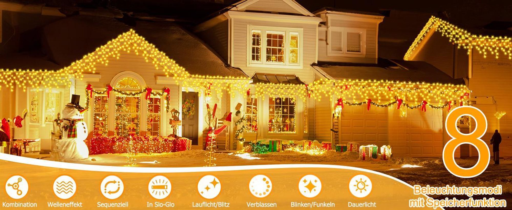 10m LED Eisregen Lichterkette 8 Lichtmodi Wasserdicht Lichtervorhang mit Speicherfunktion und Timer für Innen Garten Party Weihnachten Deko