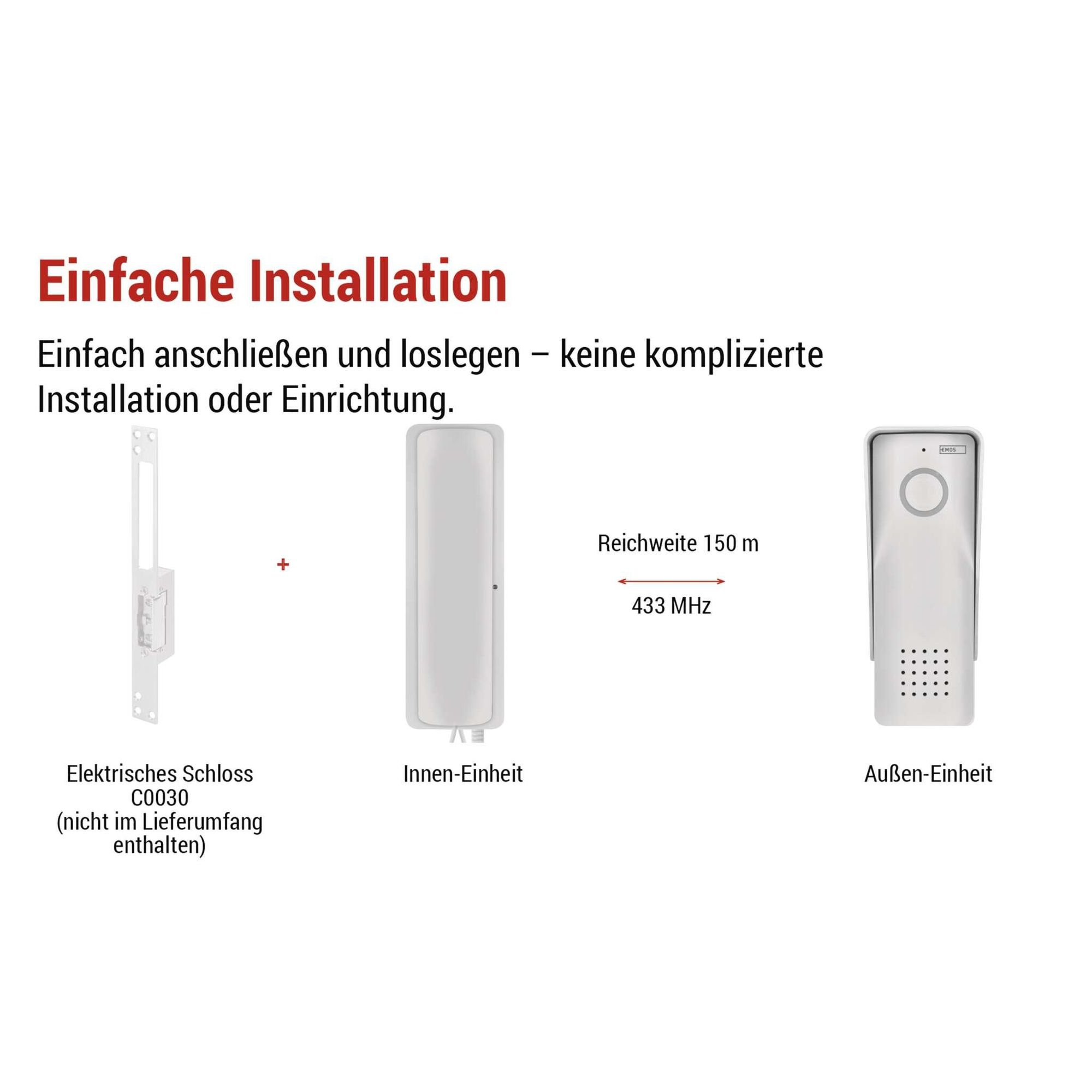 EMOS Audio-Türsprechanlage Set, Wireless, Audio-Gegensprechanlage mit Türöffner-Möglichkeit, Stromanschluss (230V/12V), weiß, H1088