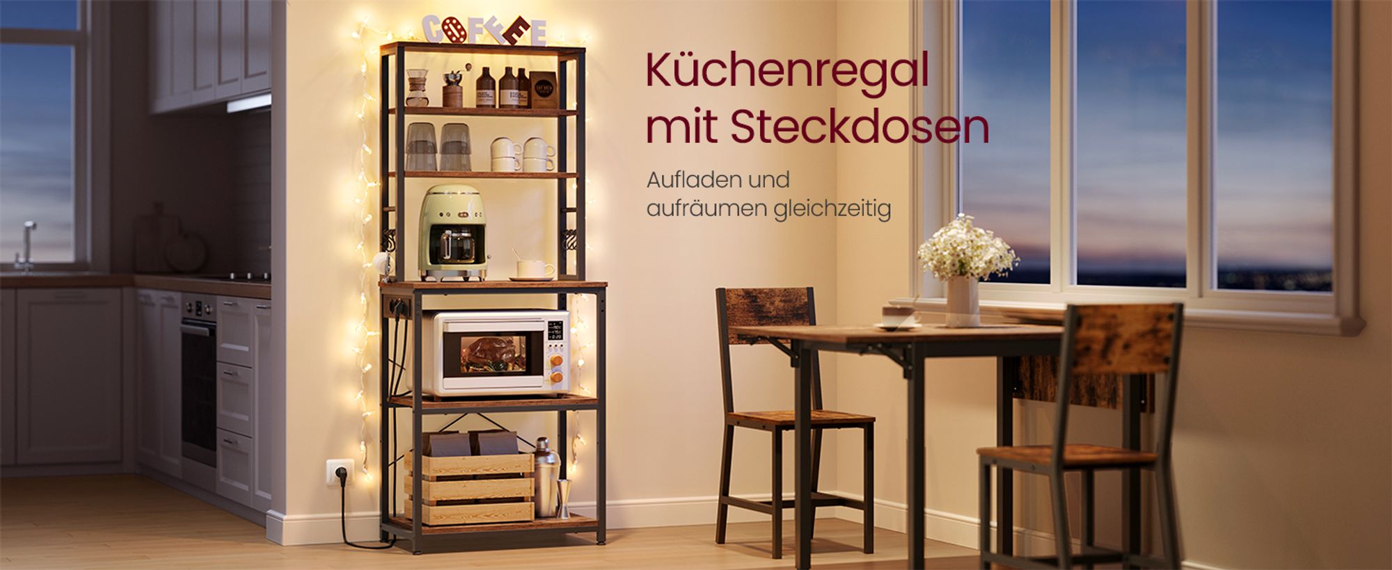 VASAGLE Küchenregal mit Steckdosen, Standregal für Küche, Mikrowellen-Regal, stehend, 6 Regalebenen und 6 Haken, 40 x 60 x 167 cm