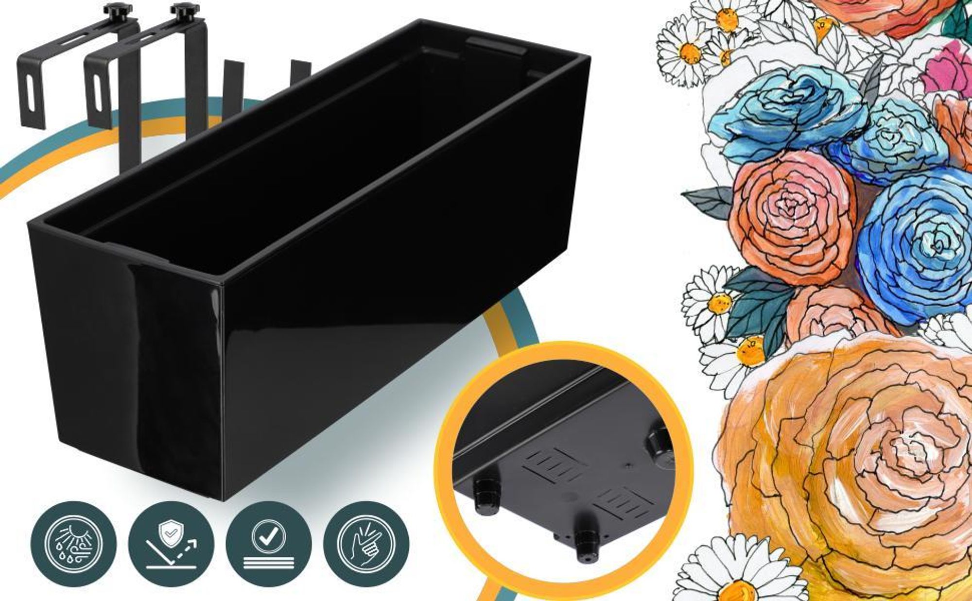 KADAX Blumentopf mit Einsatz "Fontana", 56 cm, Mit Halterungen, Glattemuster, Schwarz