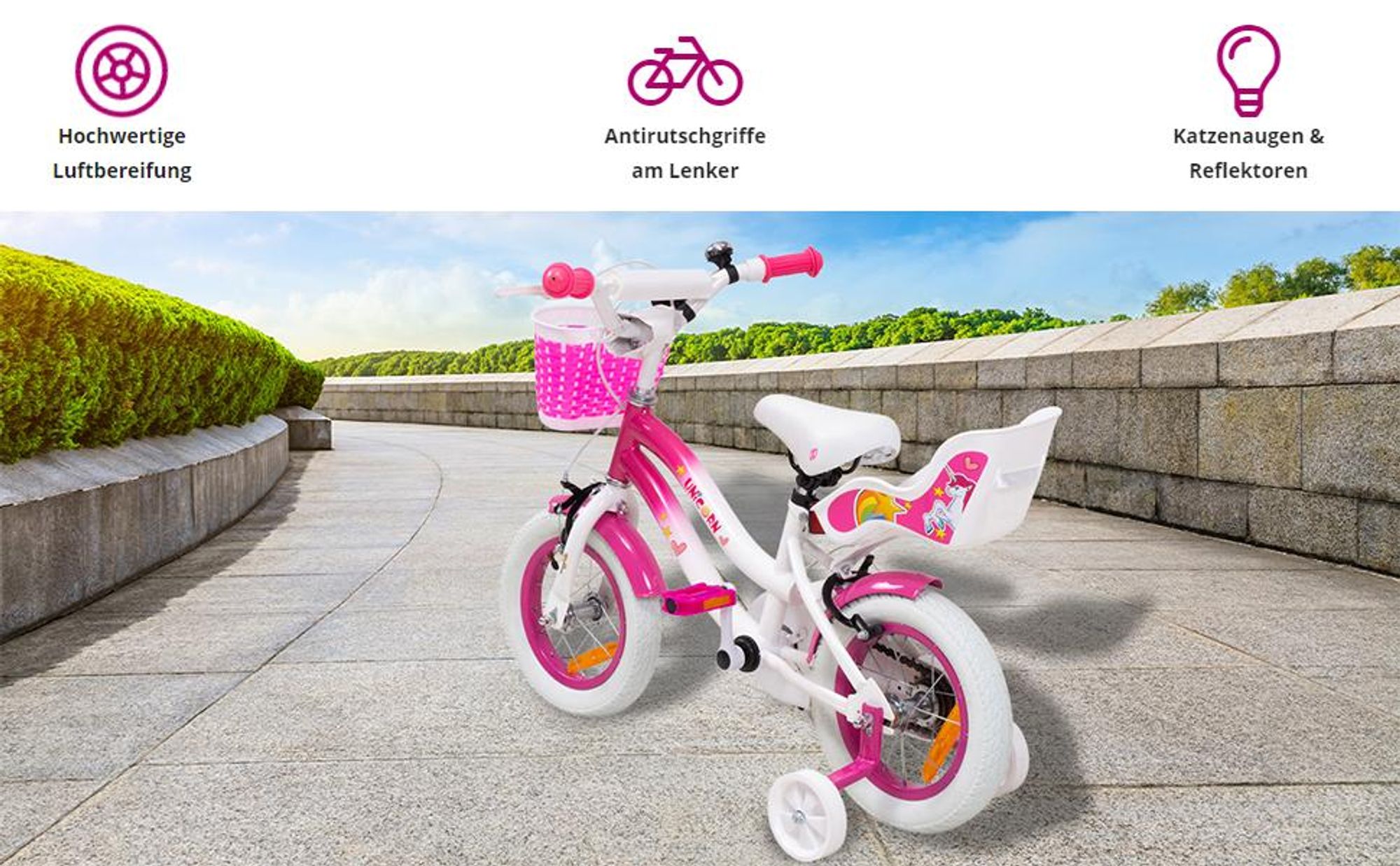 Actionbikes Kinderfahrrad Unicorn 12 Zoll | Kinder Fahrrad - V-Brake Bremsen - Kettenschutz - Fahrradständer - Antirutschgriffe - 6-9 Jahre (Pink)
