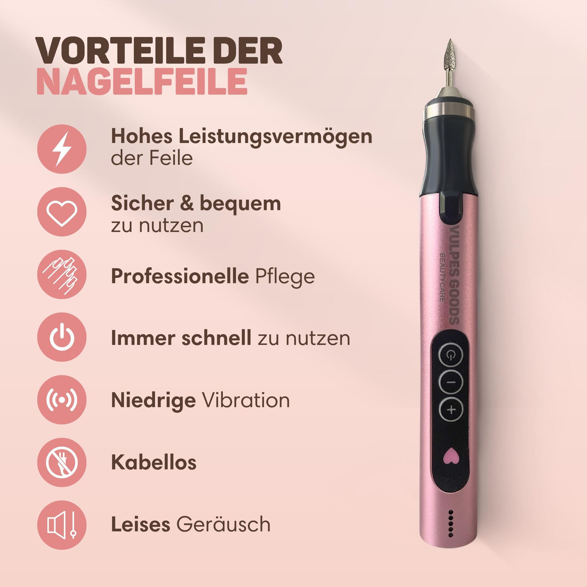 Vulpes Goods Elektrische Nagelfräser, Maniküre und Pediküre Set, Nagelfeile, Drahtlos & Aufladbar, Nagelpfeile, 11 Nagelfräser-Bits, 96 Schleifrollen