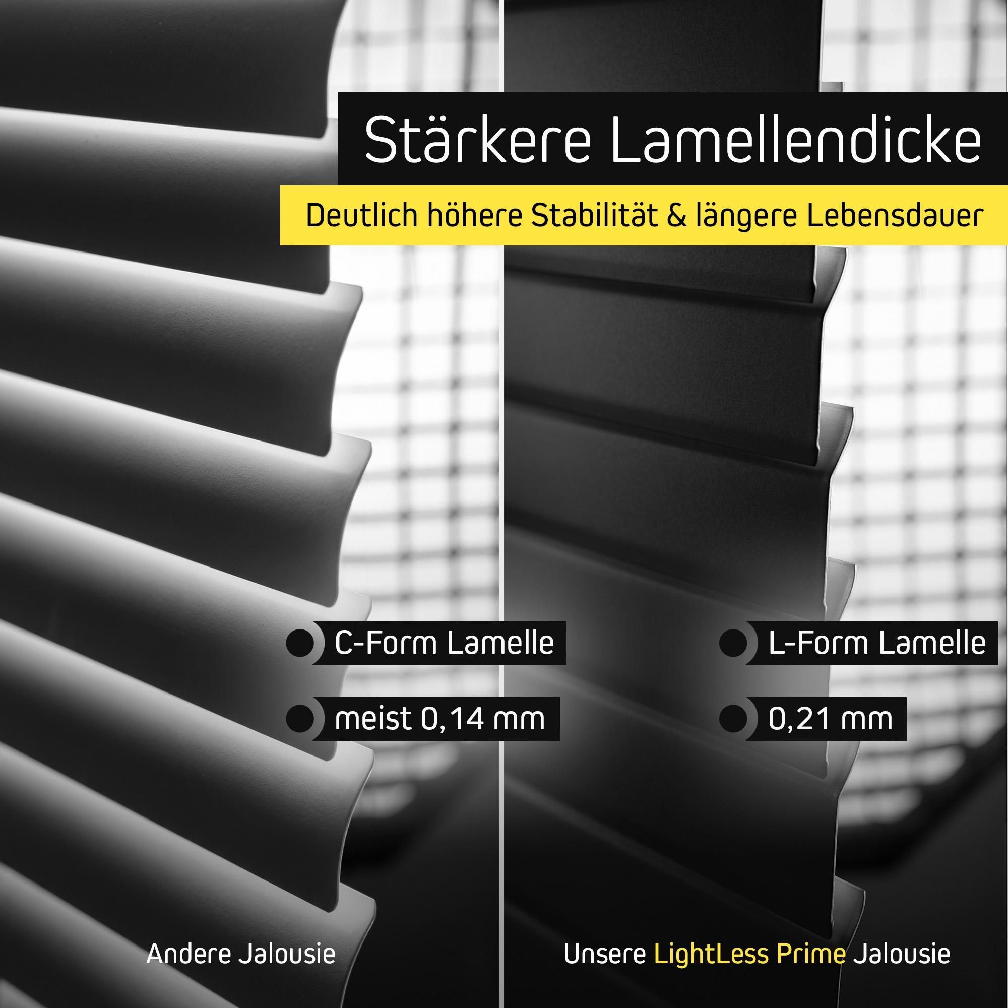 LightLess Prime Aluminium-Jalousie, 25 mm, verdunkelnd, 60 x 200 cm, weiß matt ohne Bohren, L-Lamellen, Sichtschutz & Hitzeschutz, robust, feuchtraumgeeignet, einfache Montage Victoria M.