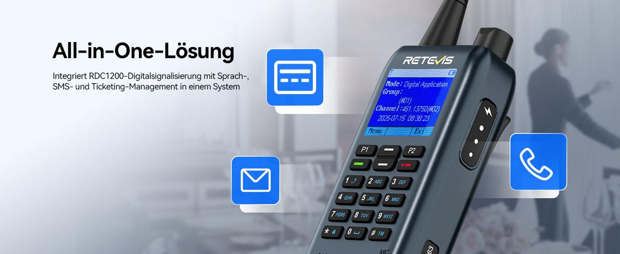 Retevis MateTalk C63 Funkgerät mit Headset, Jobticket-System-Vibrationsalarm/SMS-Funktion, 1,77-Zoll-LCD, 2200 mAh, 3 Anrufmodi, für Einkaufszentren
