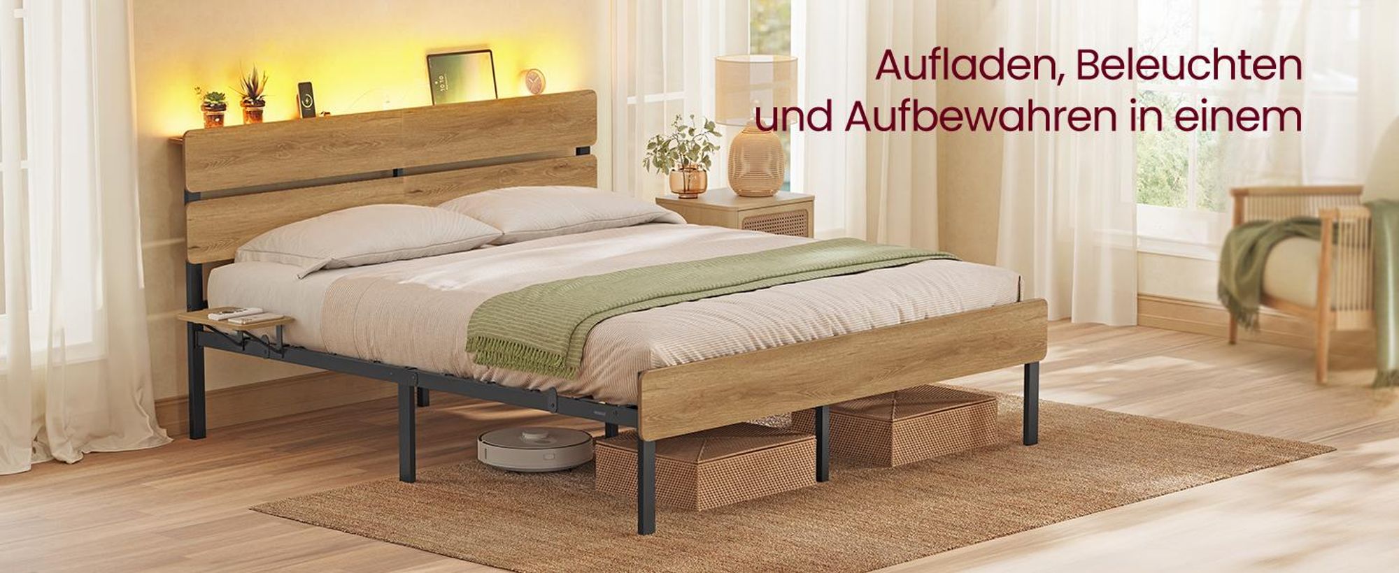 VASAGLE Doppelbettgestell, Bett, 160 x 200 cm, Metallrahmen, LED-Beleuchtung, USB-A- und USB-C-Anschluss, Unterbettaufbewahrung, Industrie-Stil