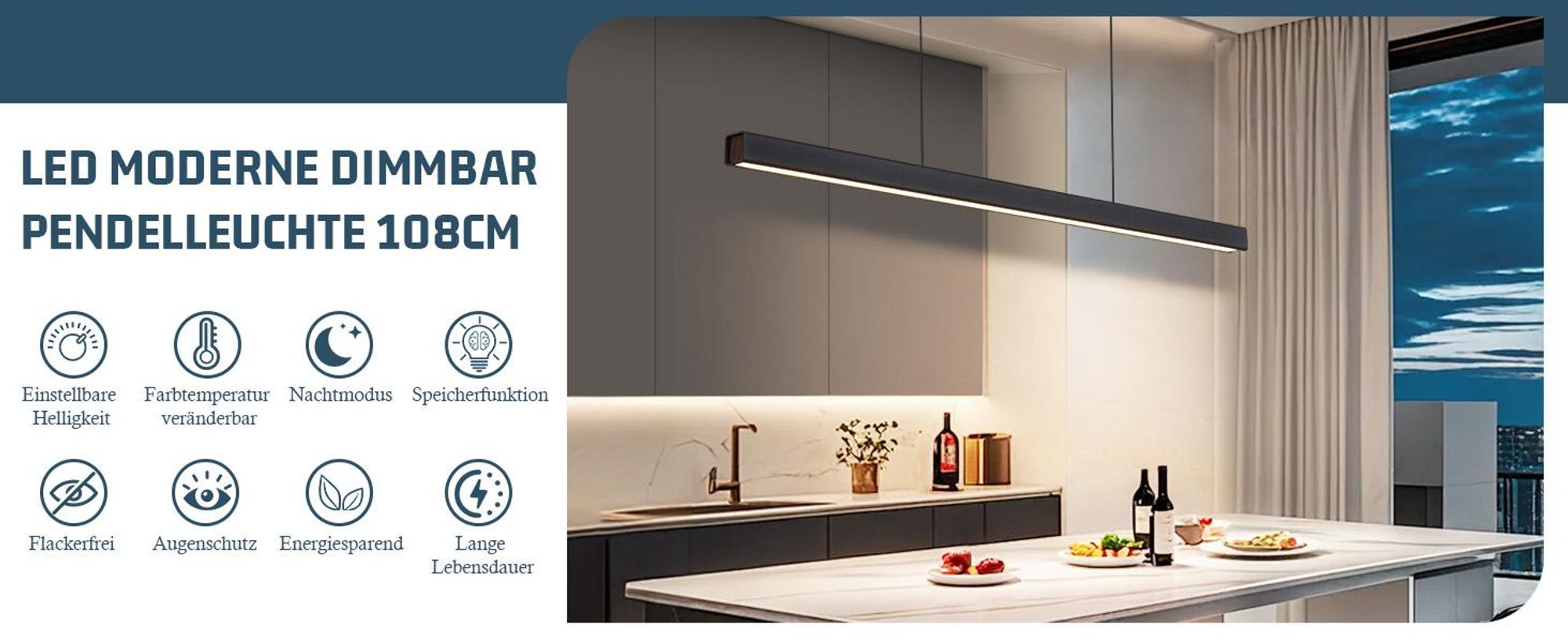 ZMH LED Pendelleuchte Esszimmer Hängelampe Dimmbar Fernbedienung 37W Esstischlampe 108CM Pendelleuchten für Küche Bar Wohnzimmer Schwarz