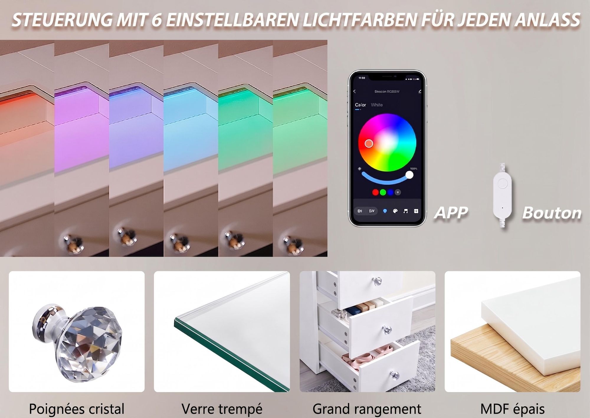 VANITII Coiffeuse LED 6 modes – 11 tiroirs, blanc minimaliste 130×81×55 cm (miroir 58×46 cm)
